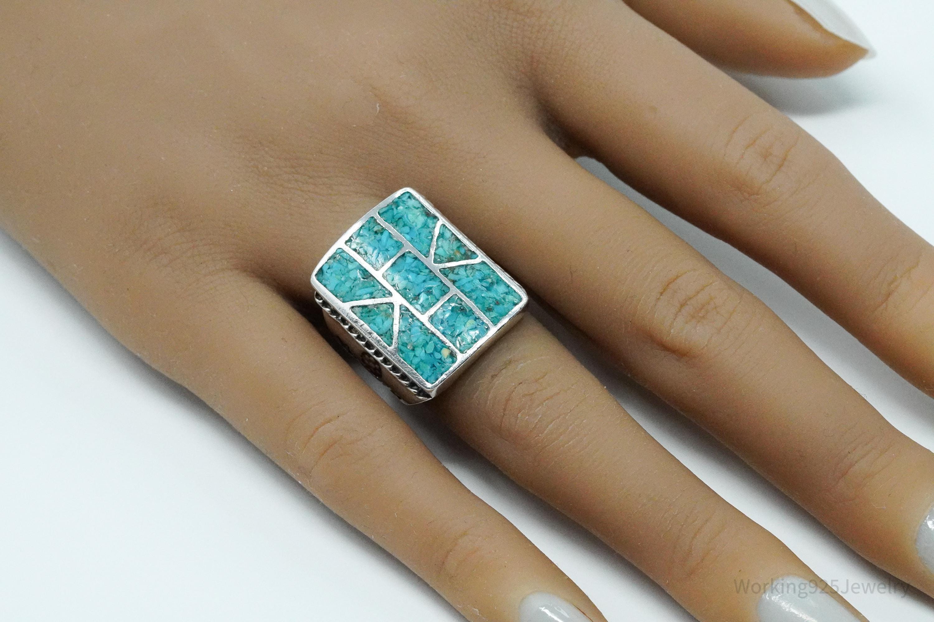 Vintage Native American Turquoise Inlay Unsigned Silver Ring - Size 7