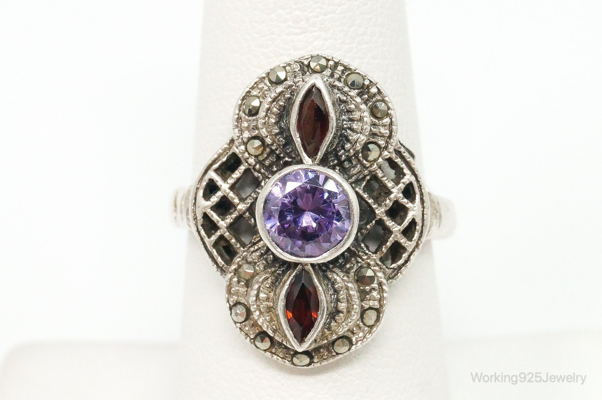 Vintage Marcasite Amethyst Garnet Sterling Silver Ring - Size 7.25