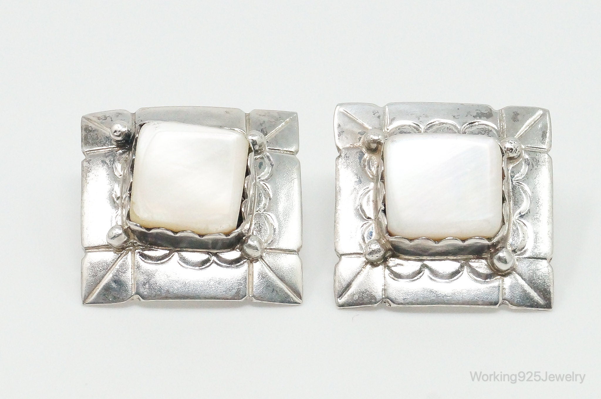 Vintage Native American VV Mother Of Pearl Sterling Silver Earrings