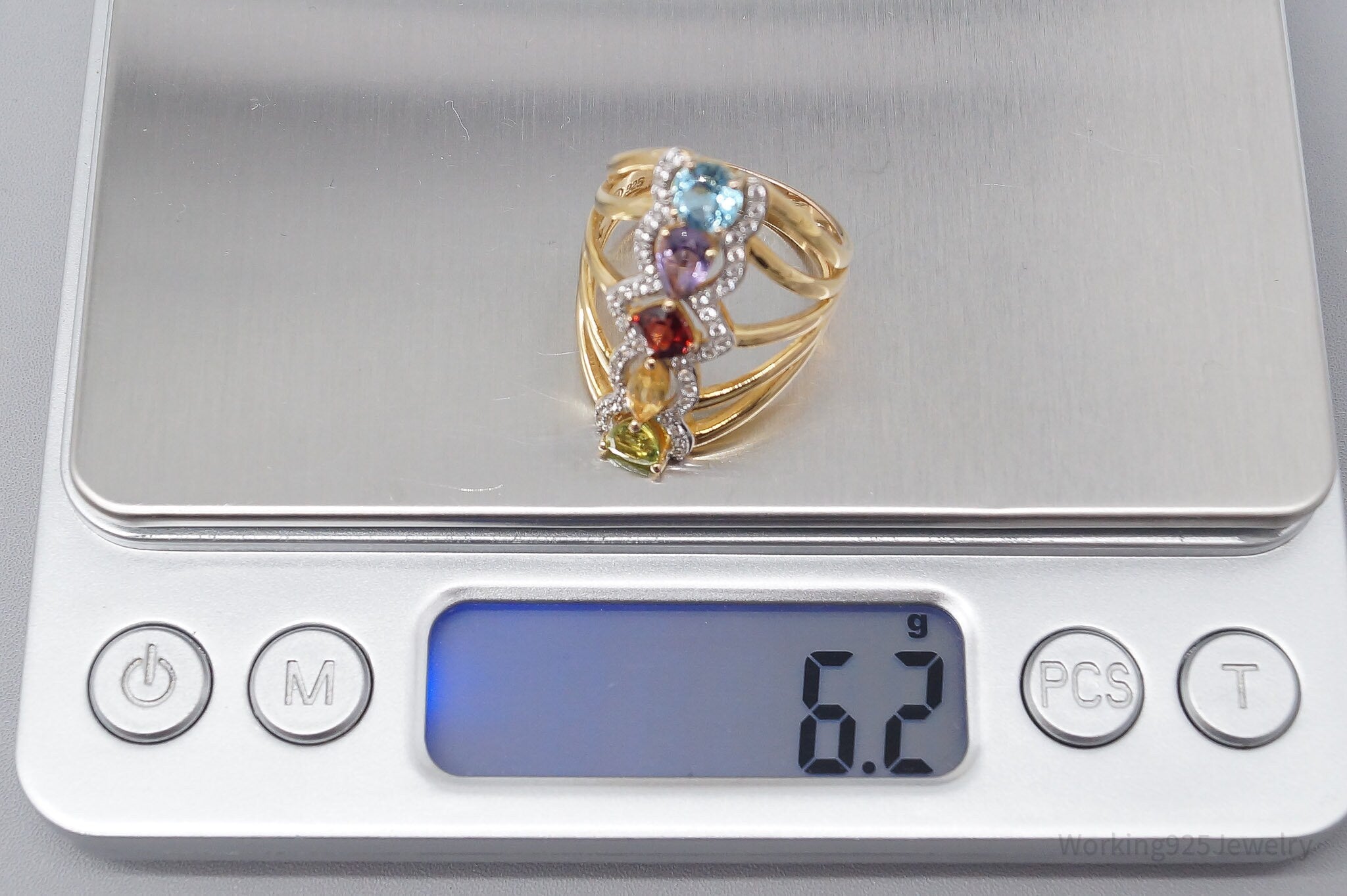 QVC Multi Gemstone 14K Yellow Gold Plated Sterling Silver Ring - Size 7