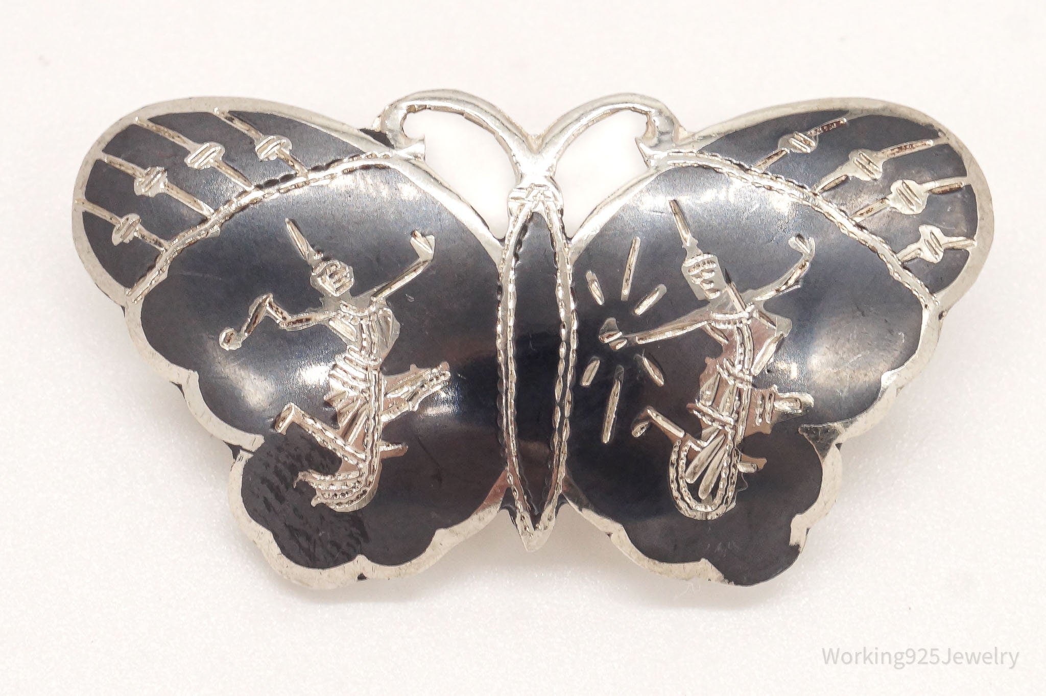 Vintage Siam Black Enamel Goddess Butterfly Sterling Silver Brooch Pin Pendant