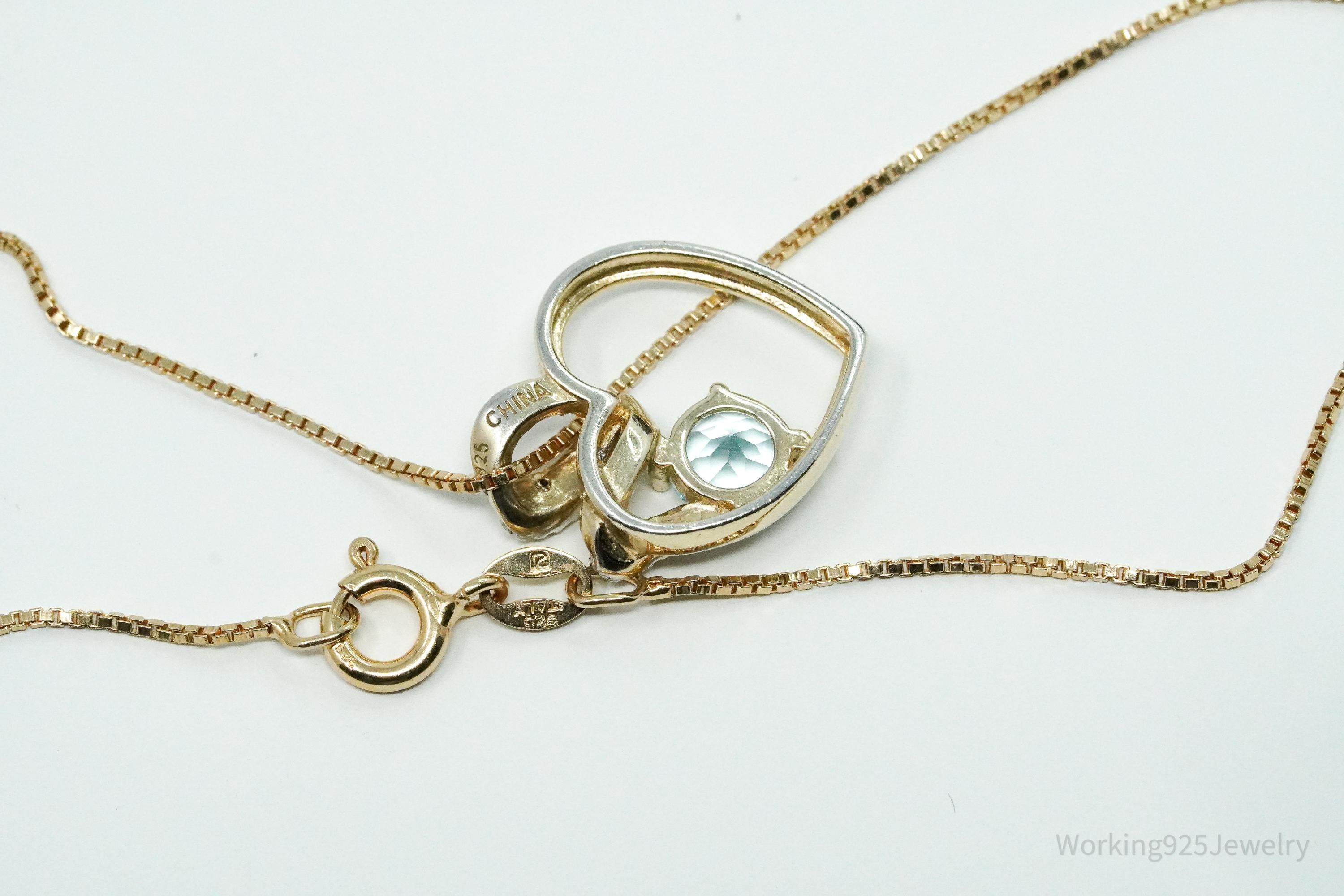 Vintage Ross Simons Blue Topaz & Diamond Gold Over Sterling Silver Necklace 18"
