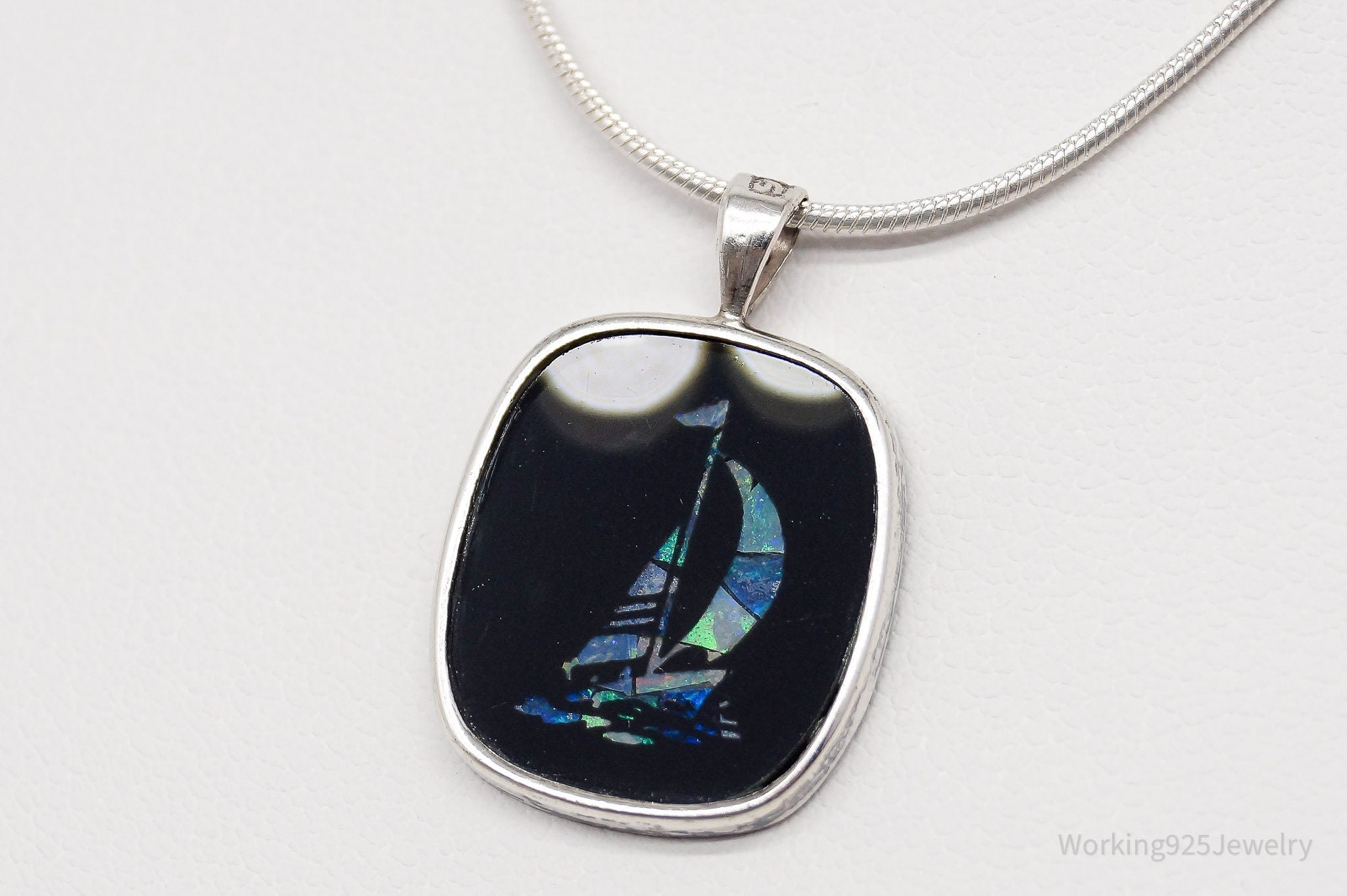 Vintage Opal Inlay Sail Boat Sterling Silver Necklace - 18"