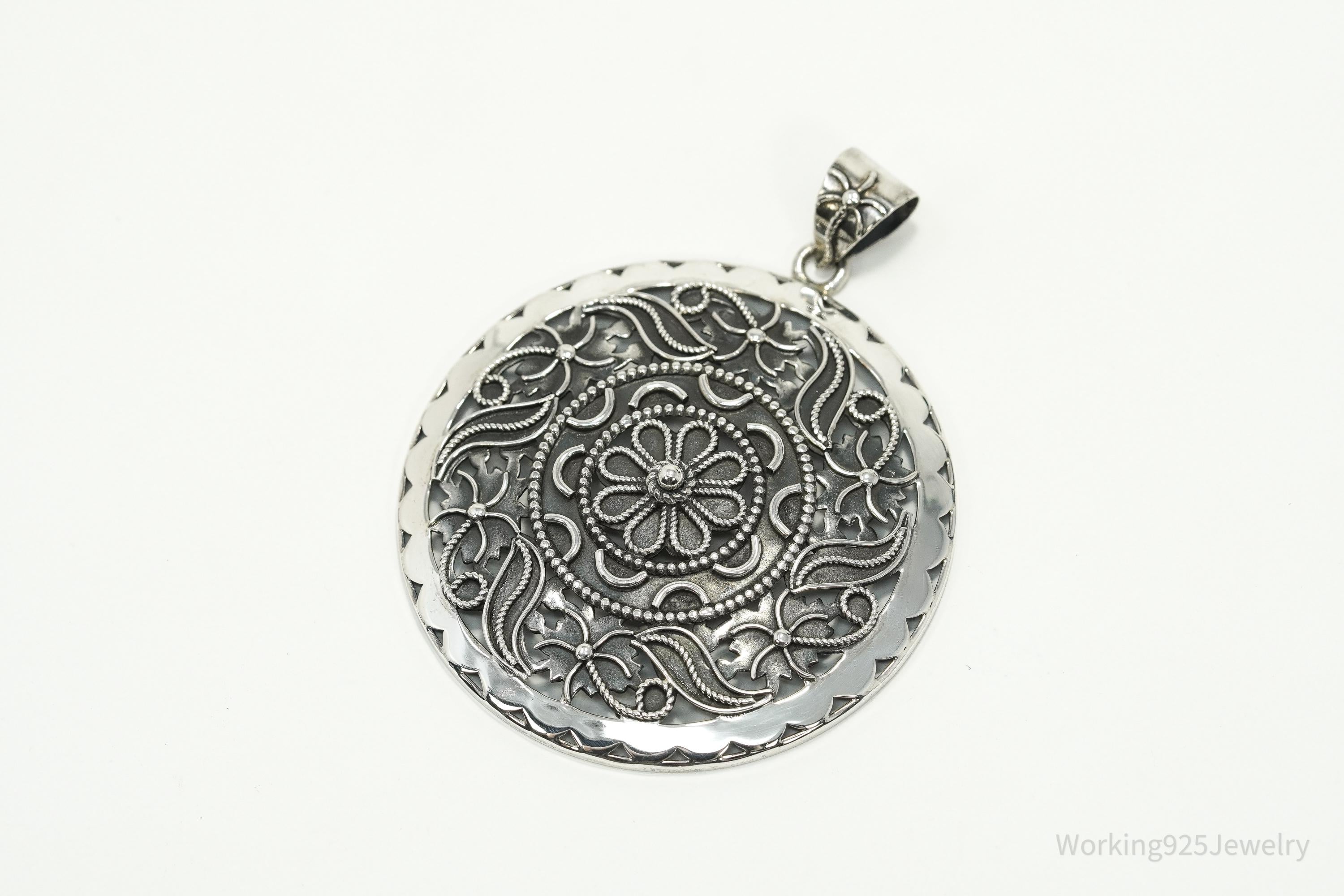 Large Vintage India Designer Doug Paulus Ornate Flower Sterling Silver Pendant
