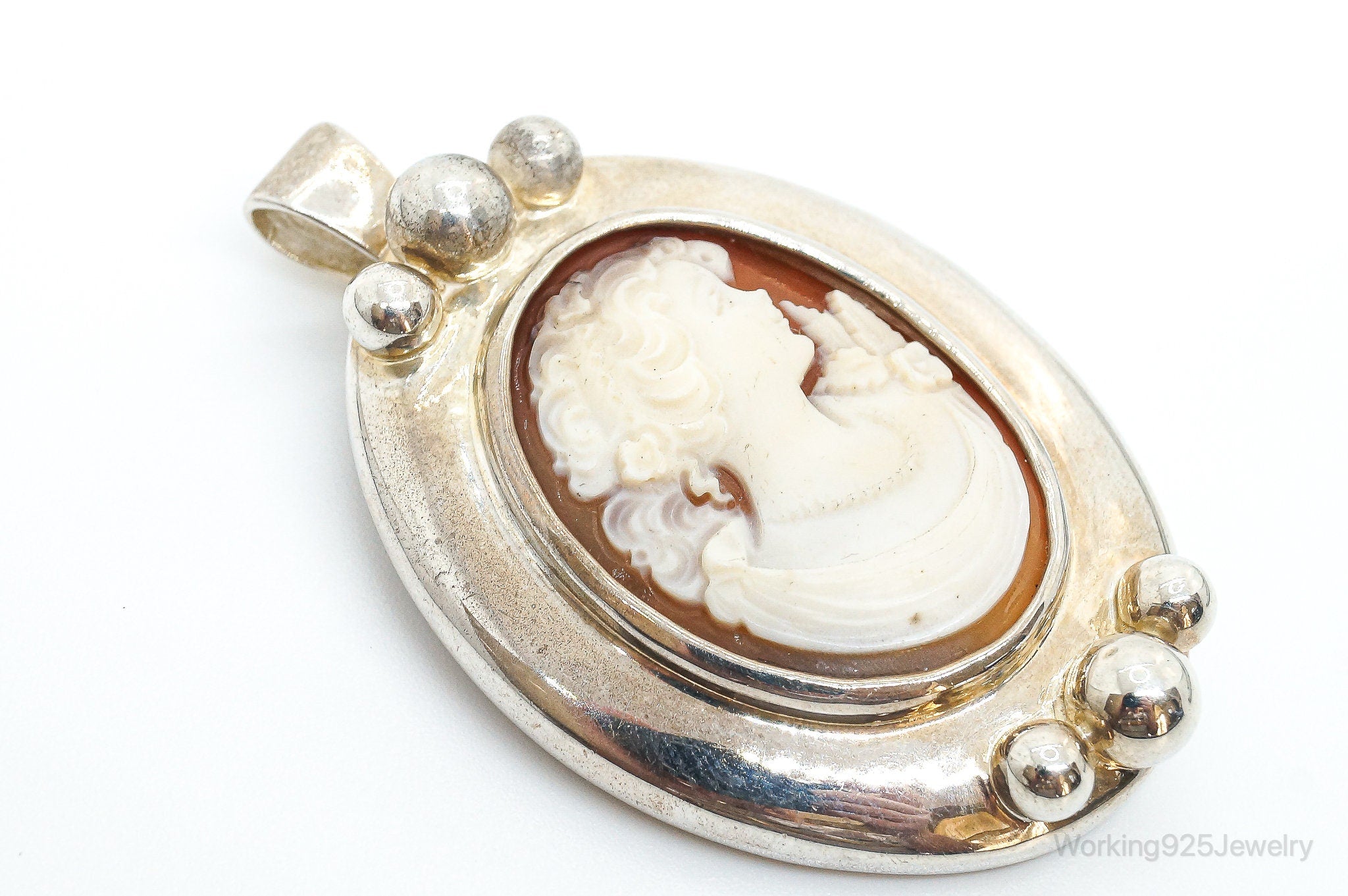 Vintage Large Joseph Esposito Carved Shell Cameo Sterling Silver Pin Pendant