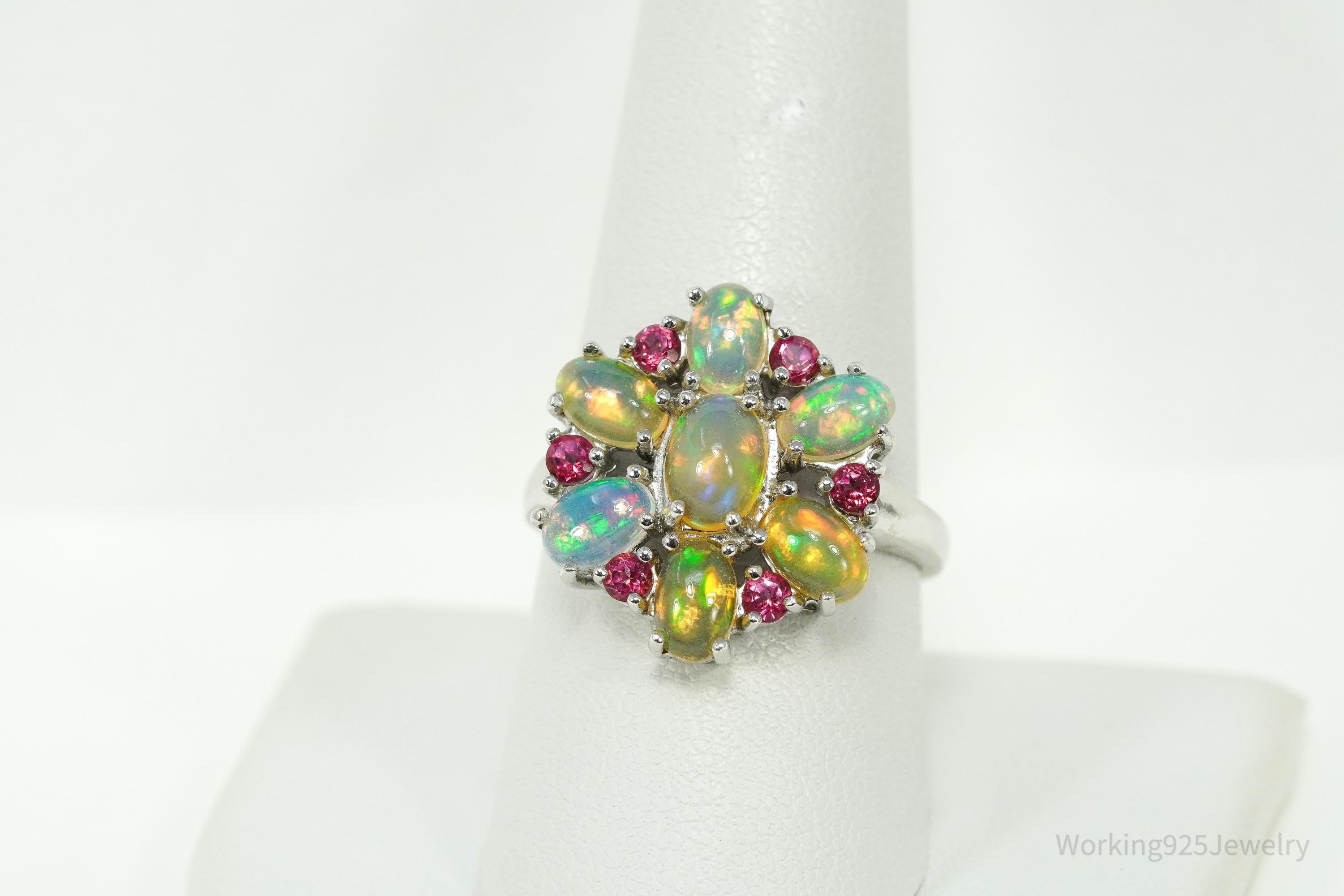 Vintage Opal & Pink Topaz Sterling Silver Ring - Size 9