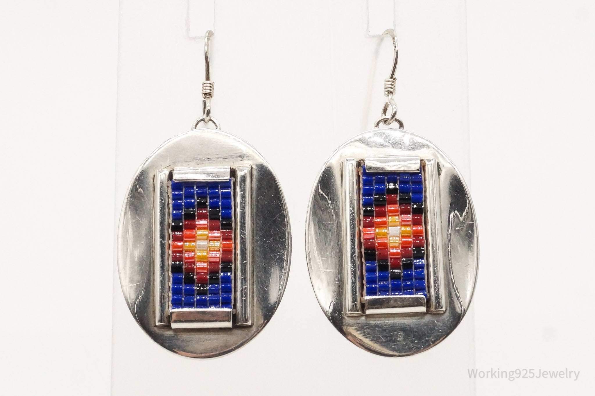 Vintage Native American Bead Inlay Sterling Silver Earrings