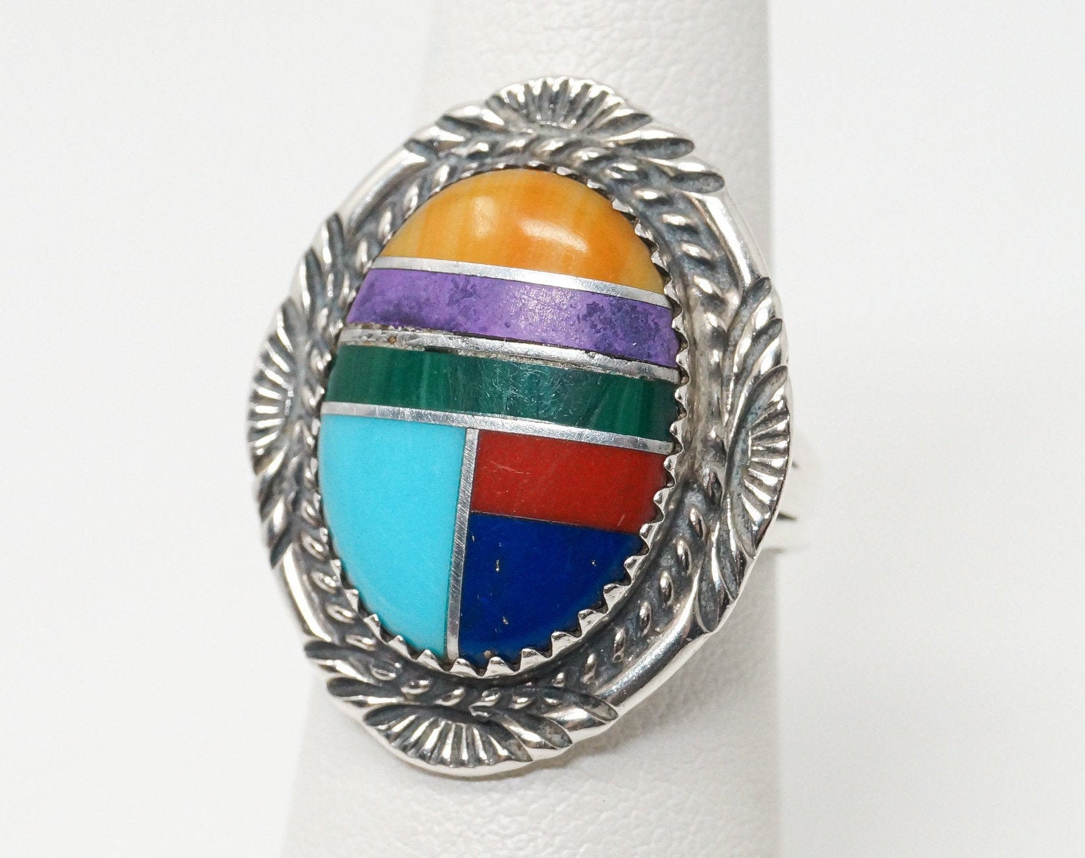 Vtg Native American Multi Gem Inlay Unsigned Sterling Silver Ring - Sz 6.25