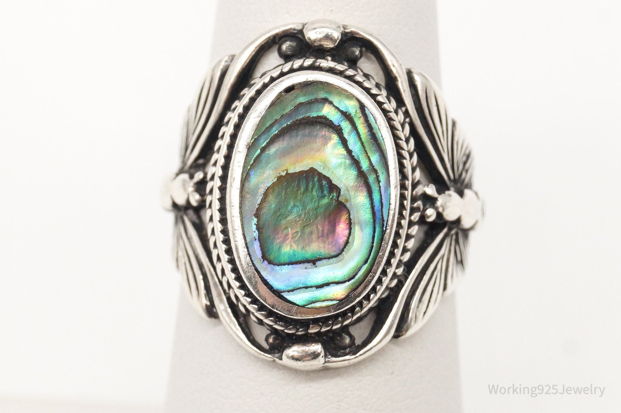 Vintage Paua Abalone Shell Butterflies Sterling Silver Ring - Size 5.75