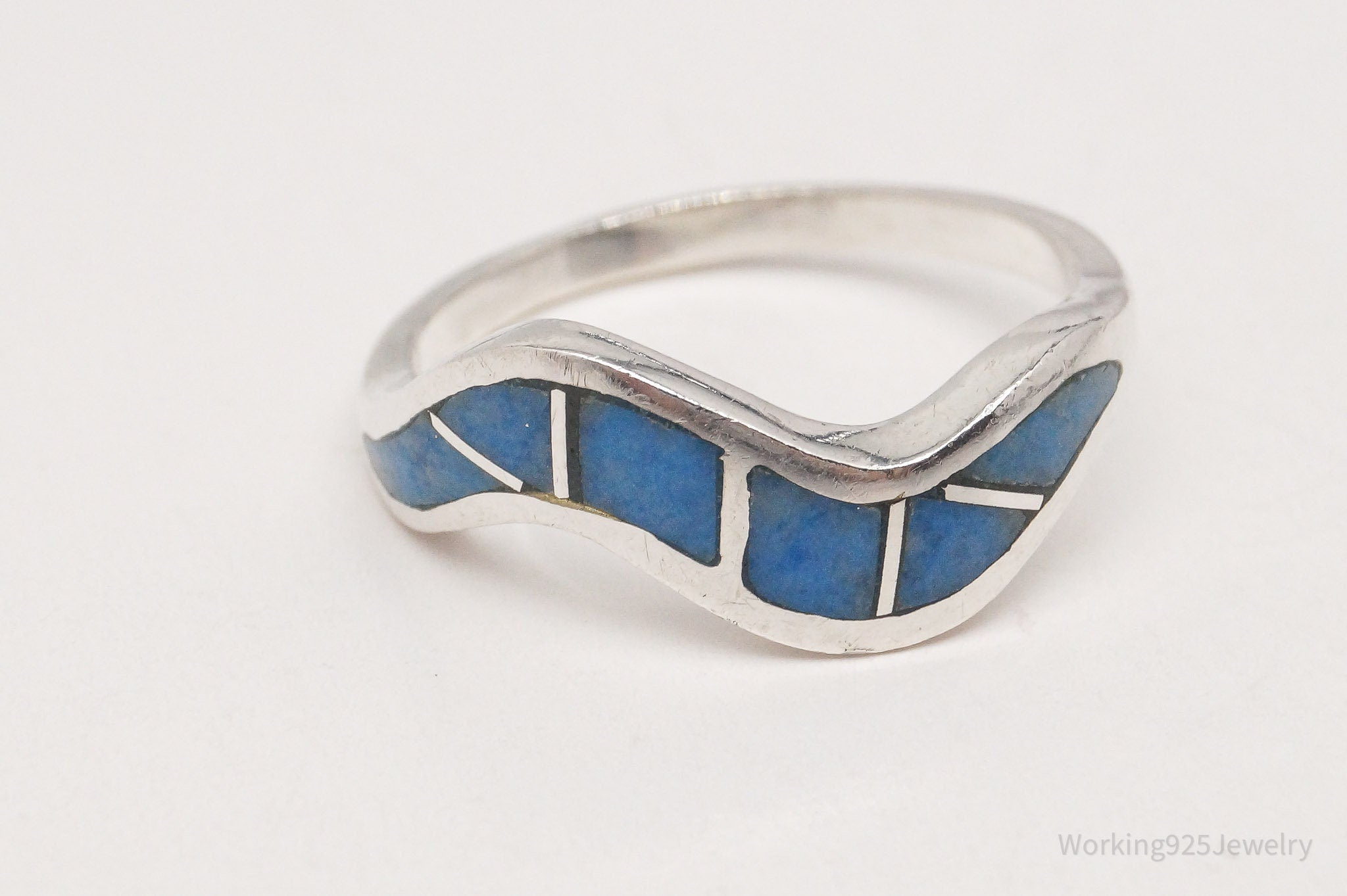 Vintage Native American Denim Lapis Lazuli Inlay Sterling Silver Ring Size 7.5