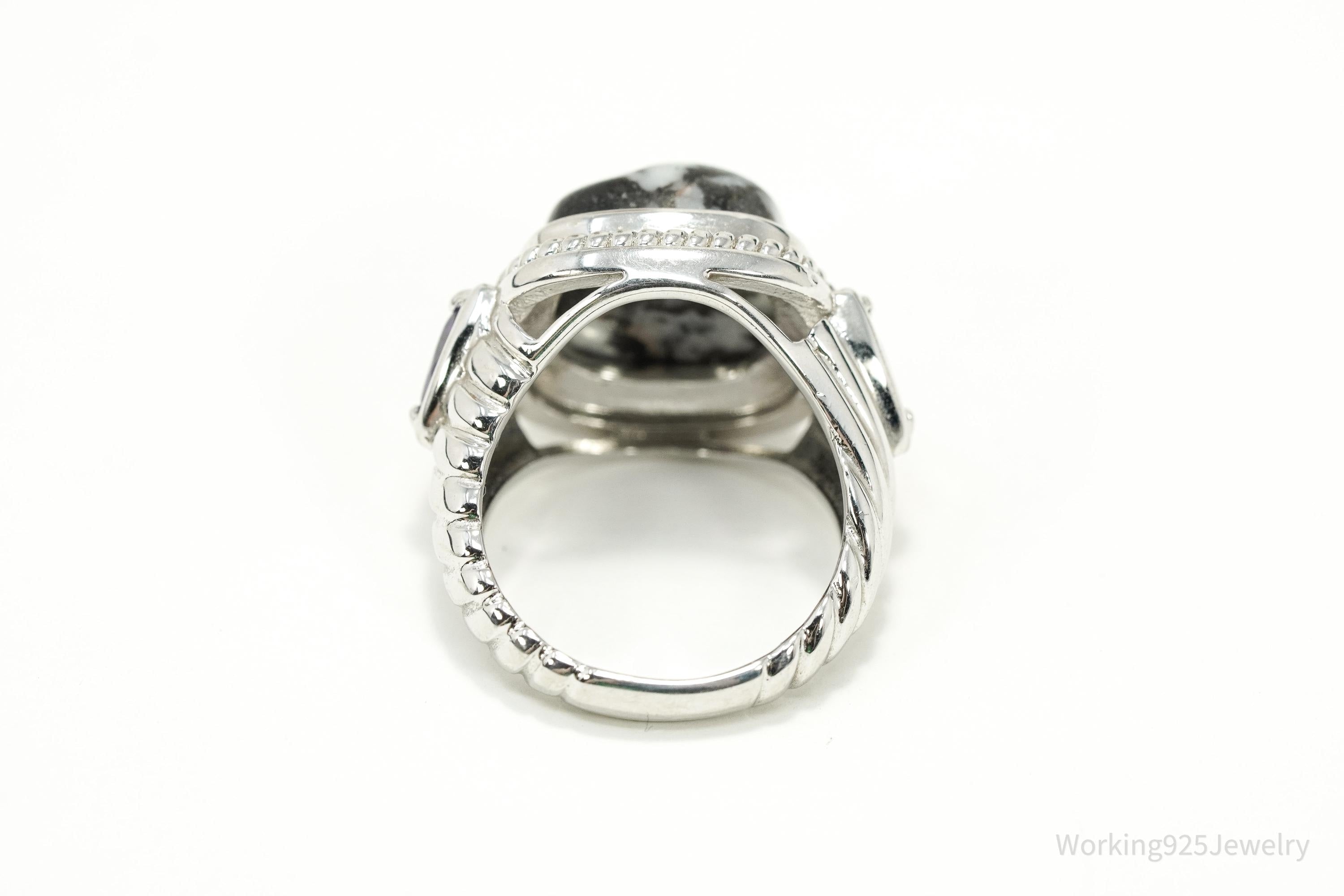 Vintage Black & White Gemstone Amethyst Sterling Silver Ring – Size 7