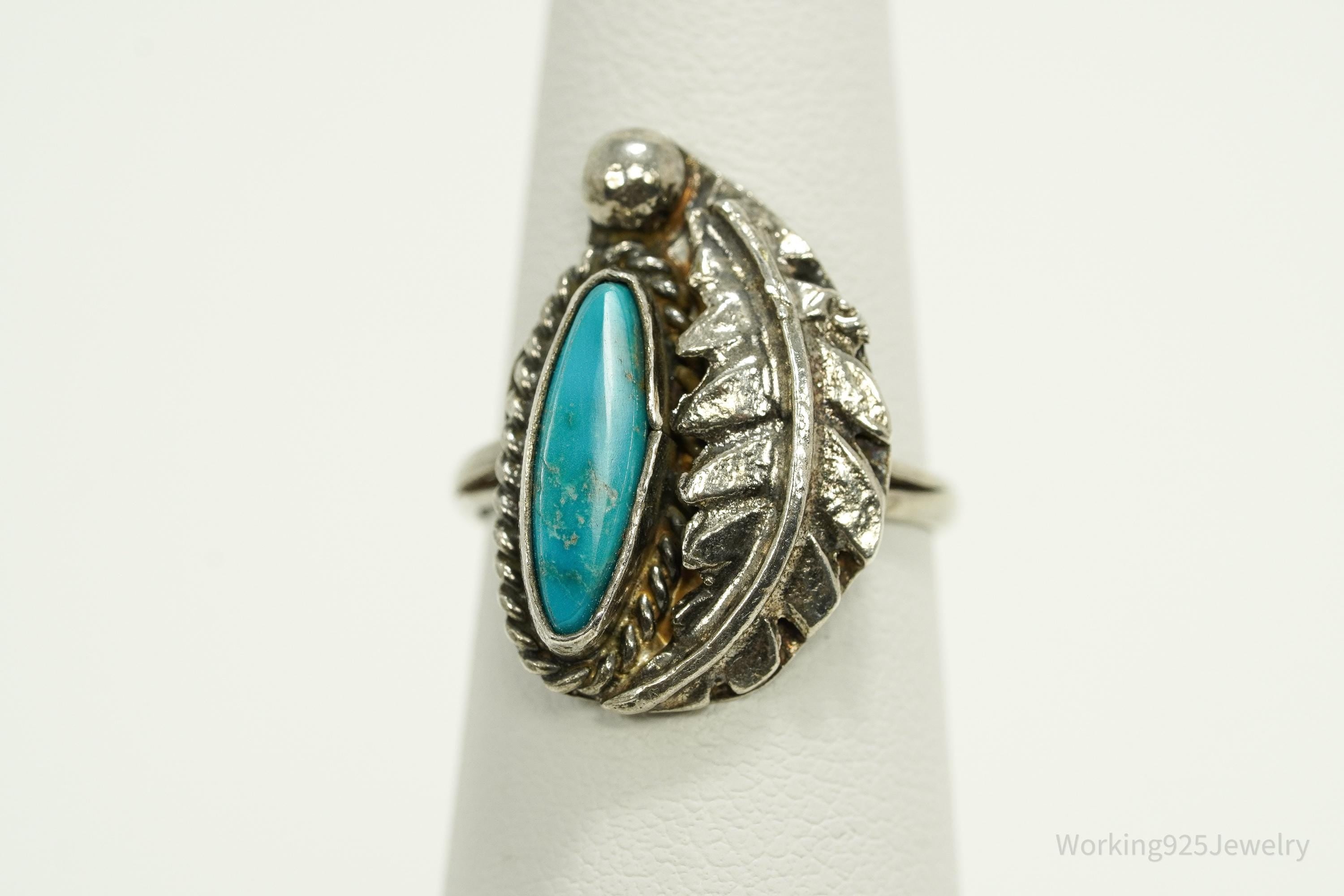 Vintage Native American Turquoise Unsigned Silver Ring - Size 6