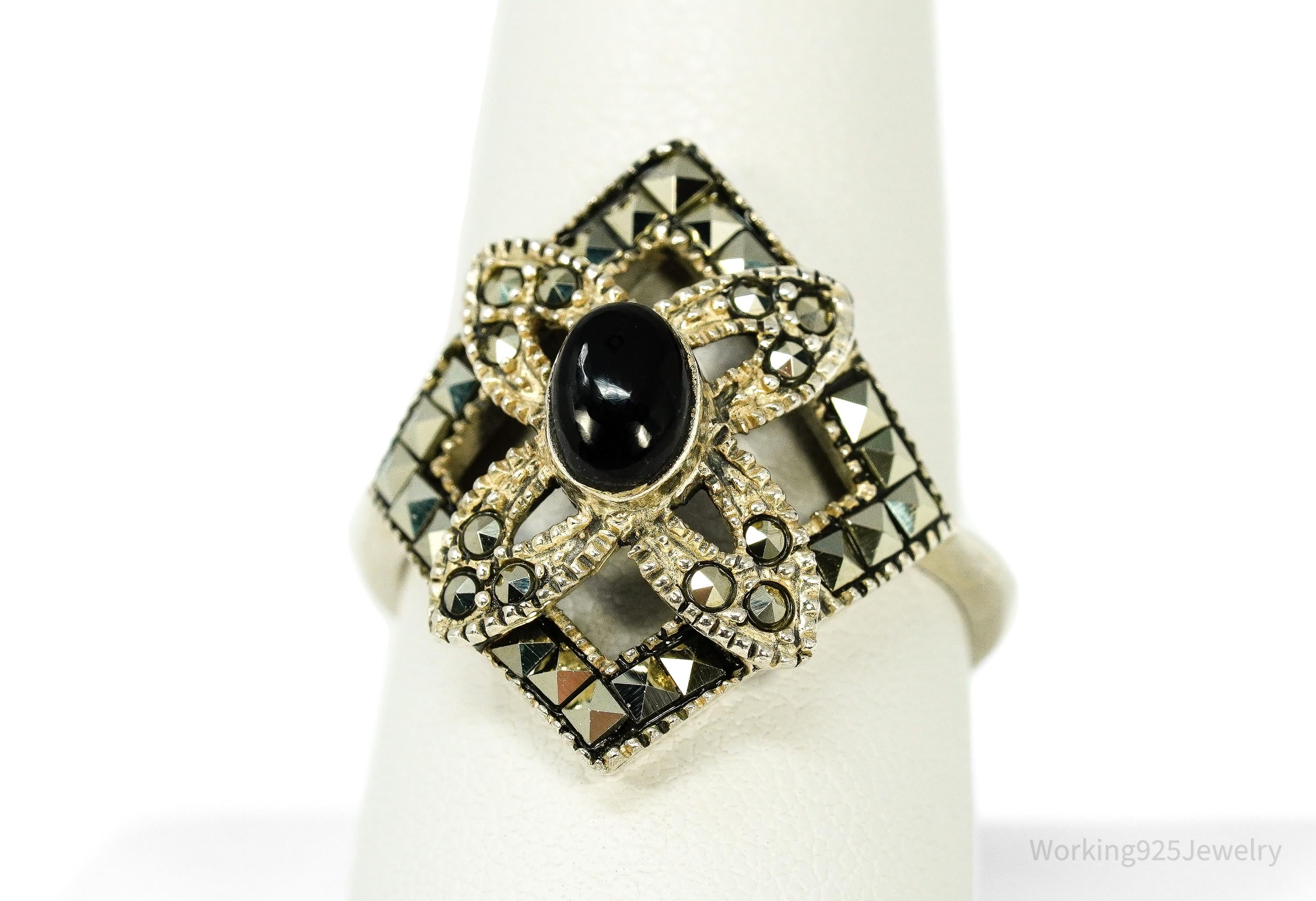 Vintage Art Deco Style Marcasite & Black Onyx Sterling Silver Ring - Size 9