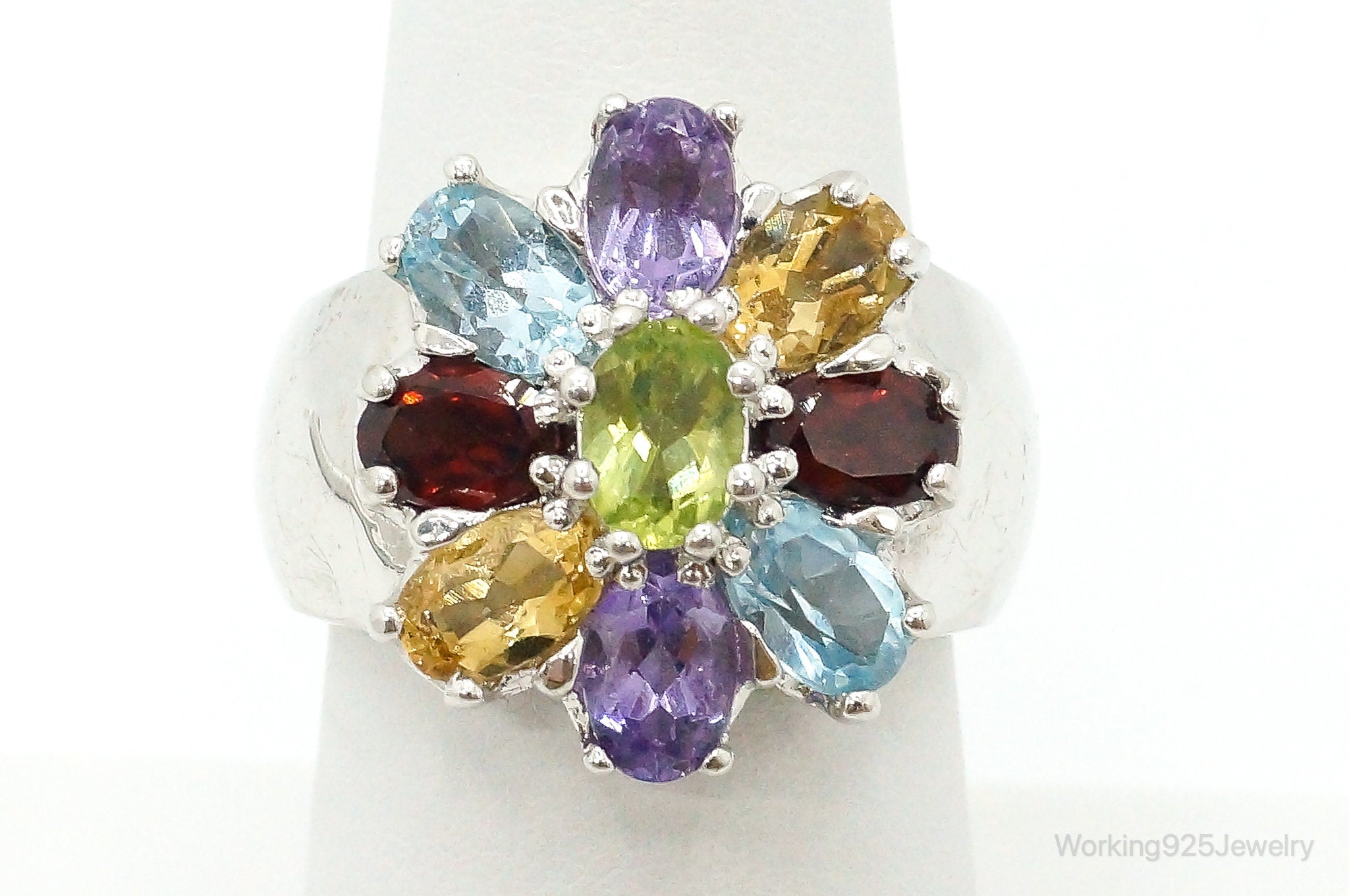 Vintage Multi Gem Sterling Silver Flower Ring - Size 7