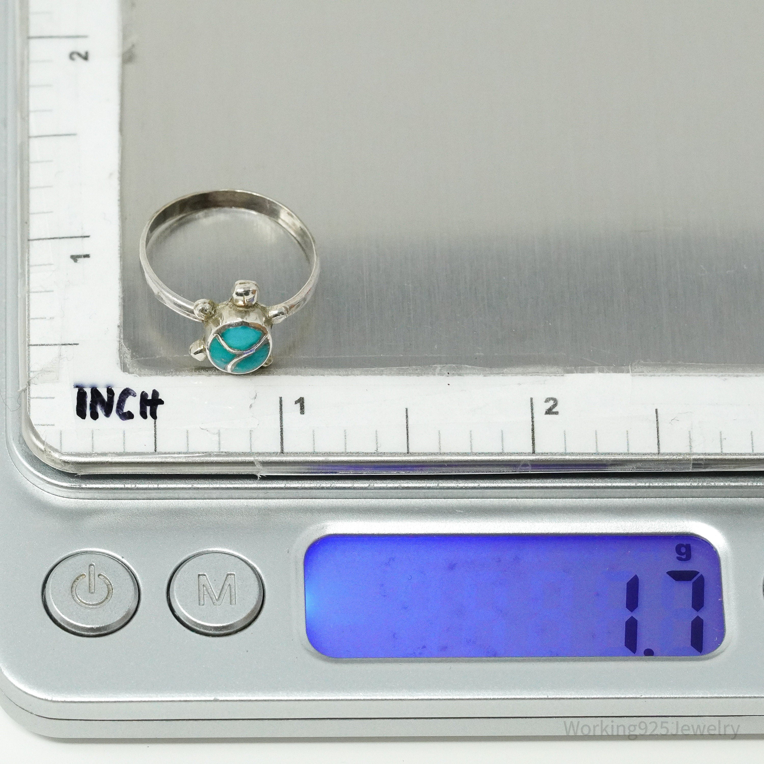 Vintage Native American Turquoise Inlay Turtle Handmade Silver Ring - Size 6.75