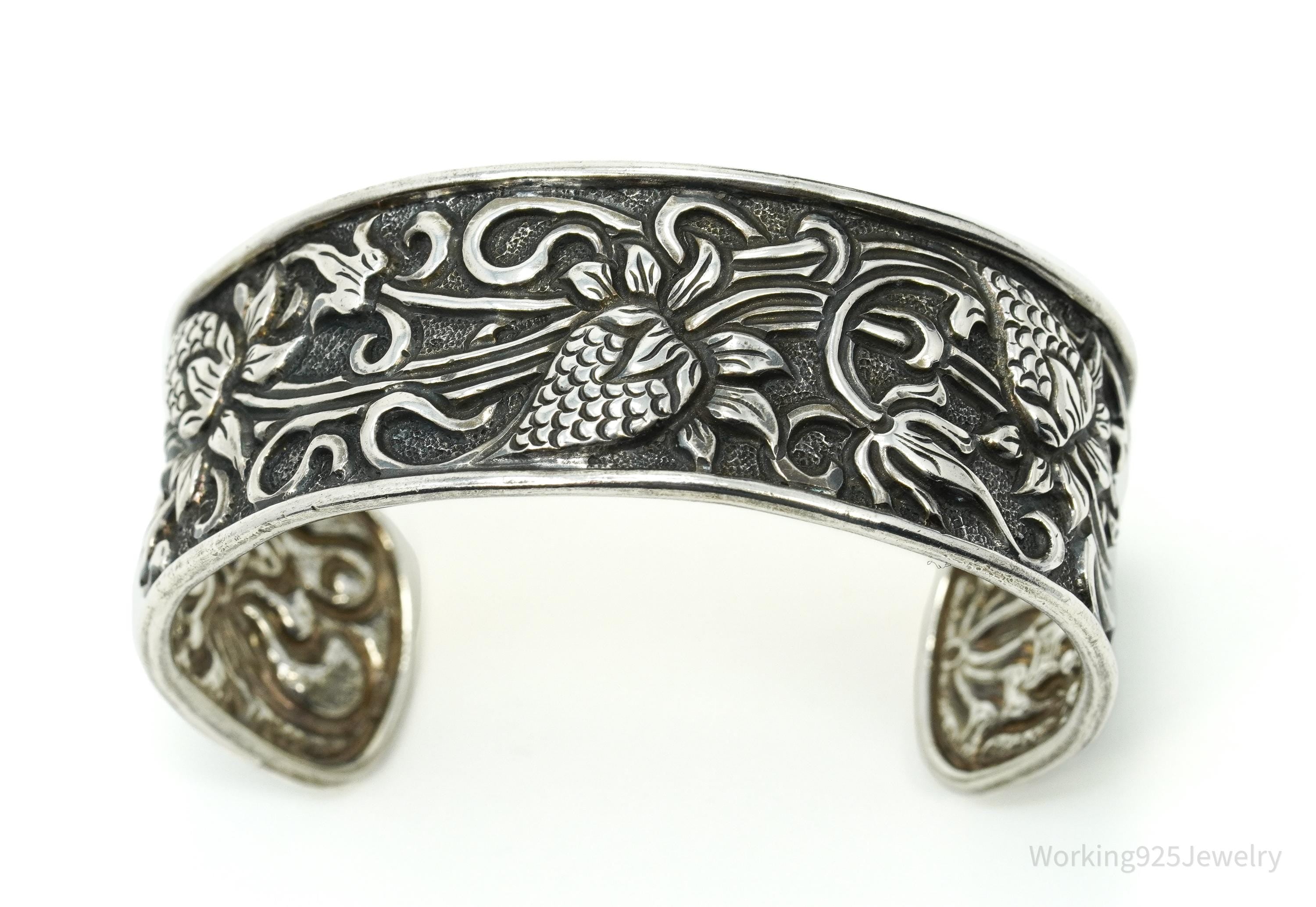 Vintage TIKA Strawberry Floral Pattern Repousse Sterling Silver Cuff Bracelet 7 5/8"