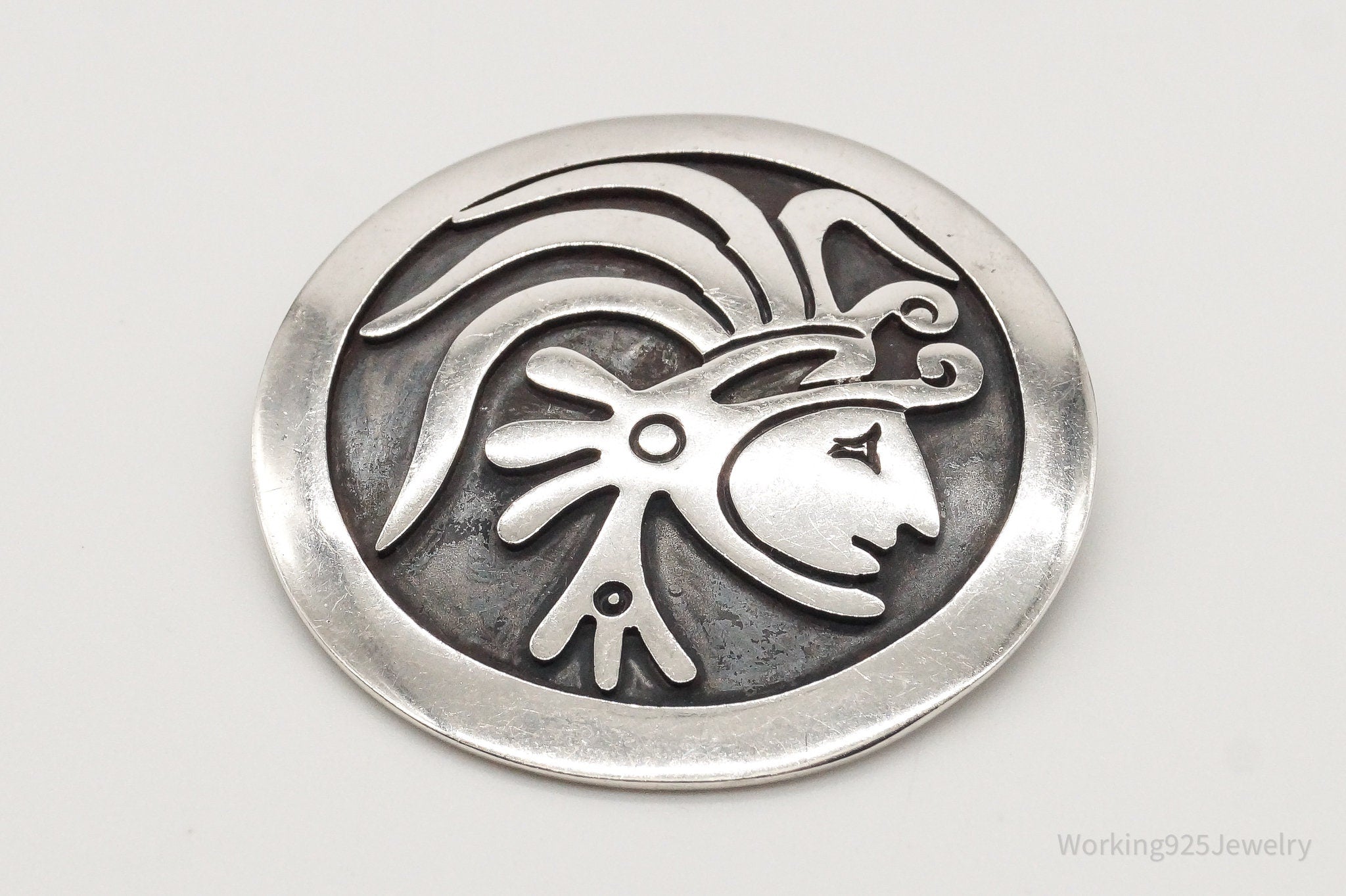 Vintage Large Mexico Mayan Aztec Warrior Sterling Silver Brooch Pin Pendant