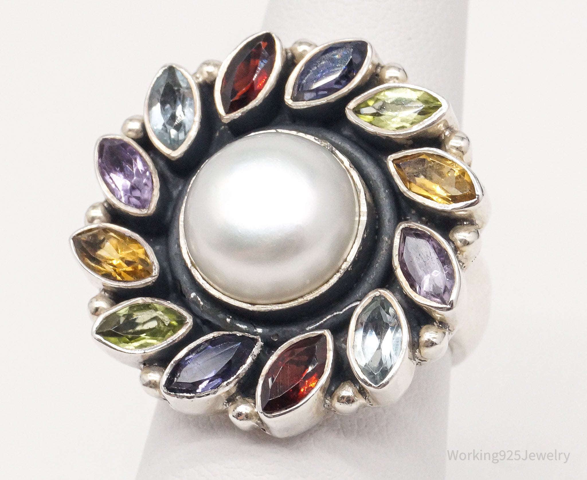 Vintage Multi Gemstone Flower Sterling Silver Ring - Size 7.25