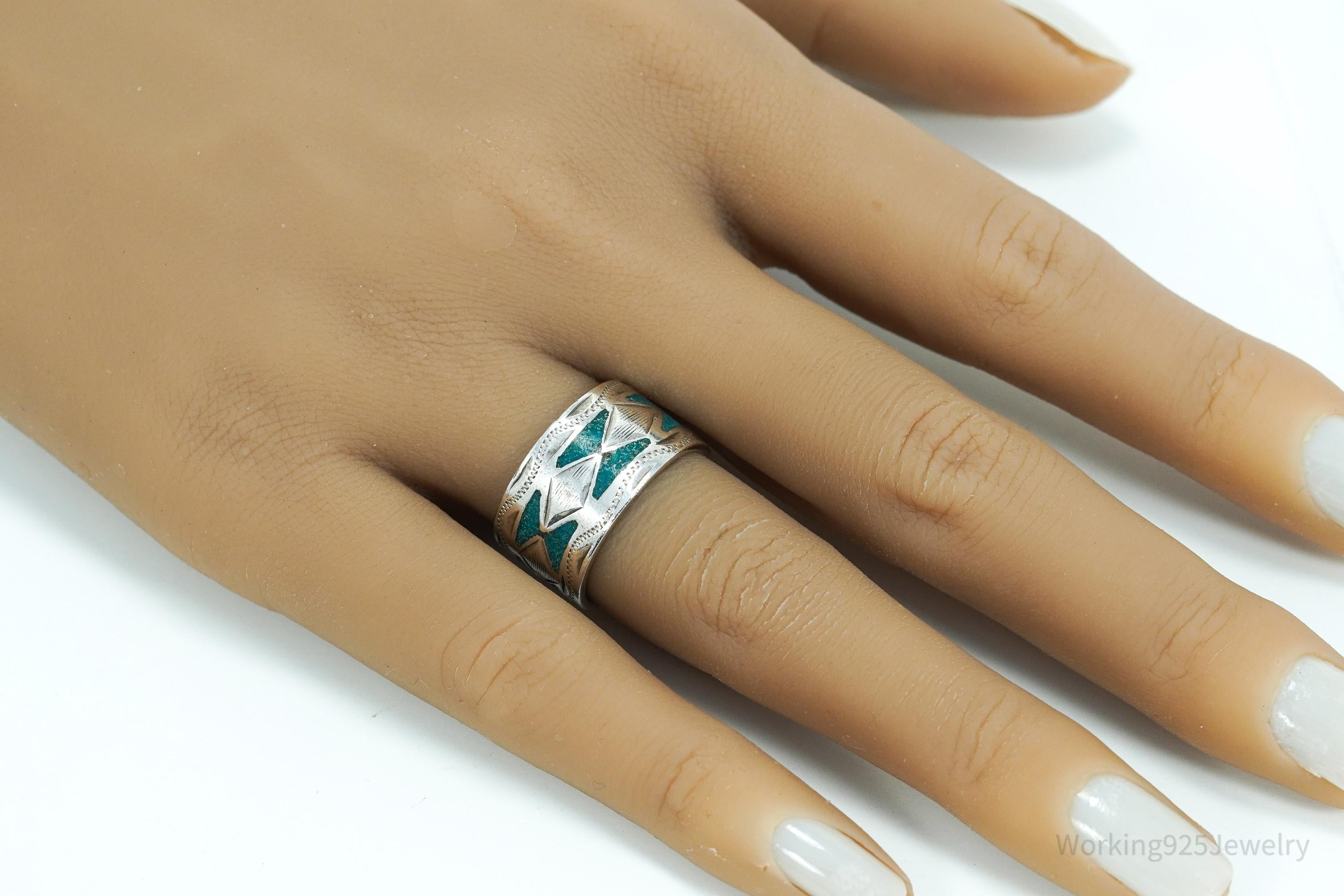 Vintage Mexico JGM Turquoise Inlay Sterling Silver Ring - Size 7.25