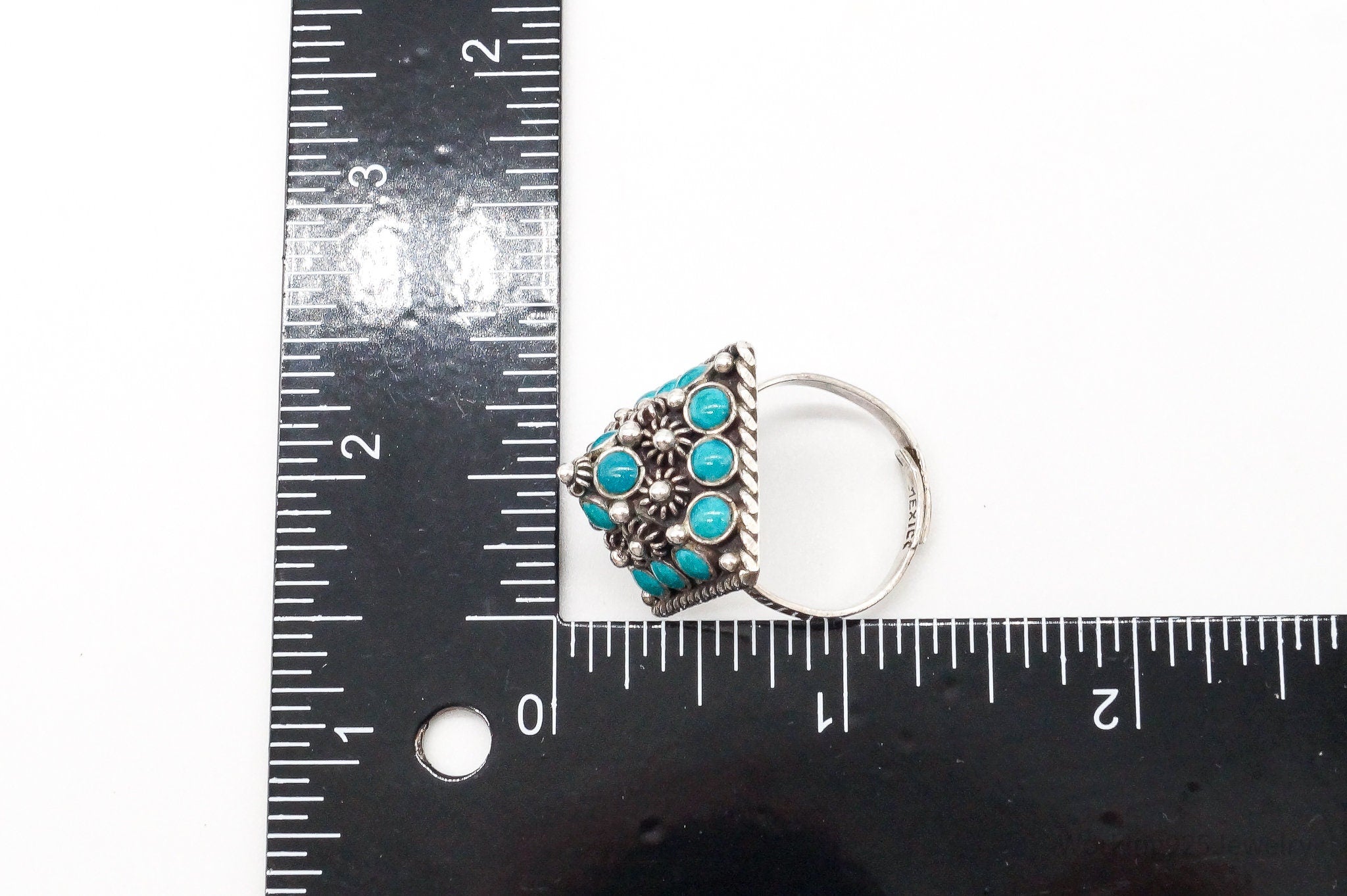 Vintage Mexico Turquoise Cannetille Silver Ring - Size 10 Adjustable