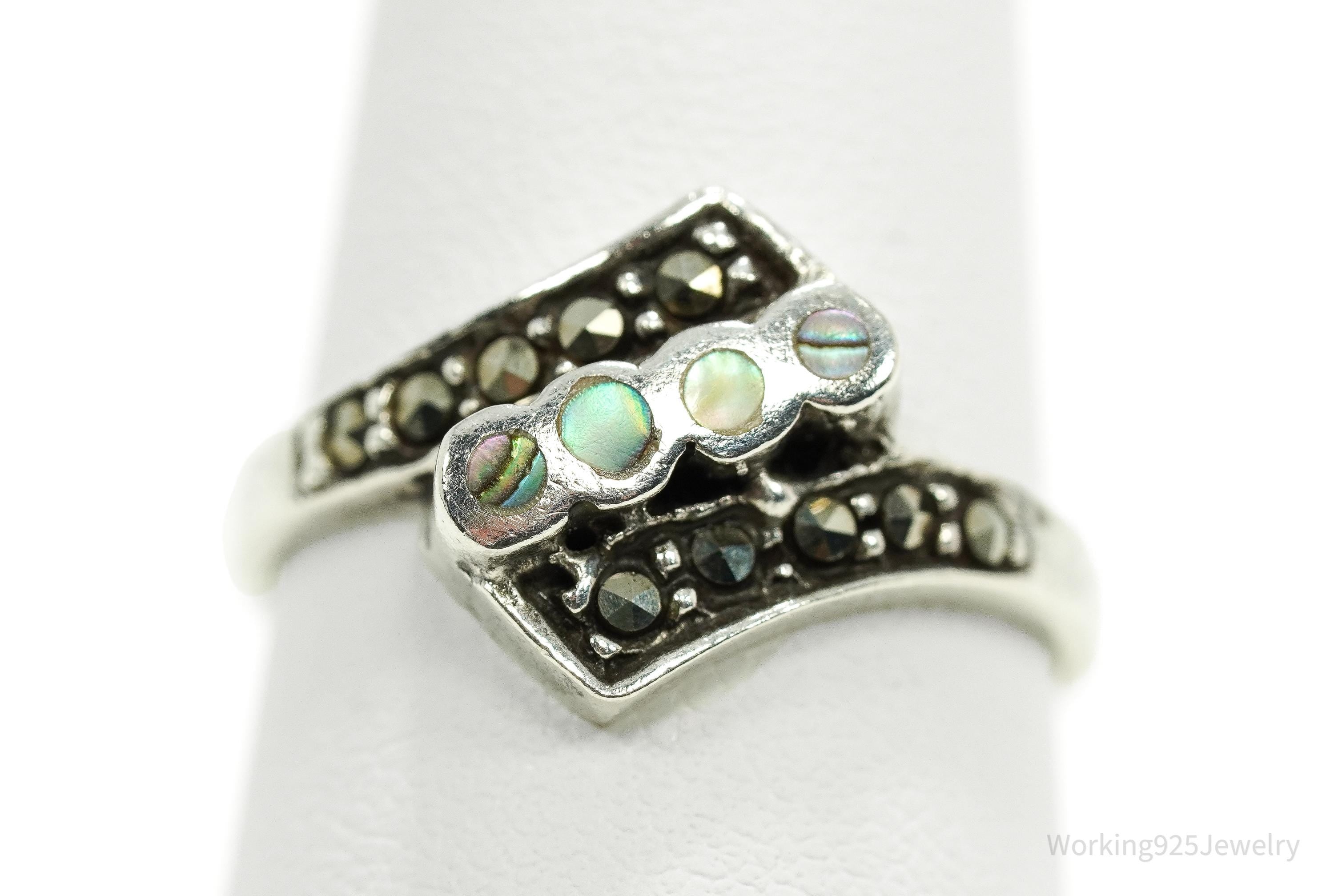Vintage Paua Abalone Shell Inlay & Marcasite Sterling Silver Ring - Size 8