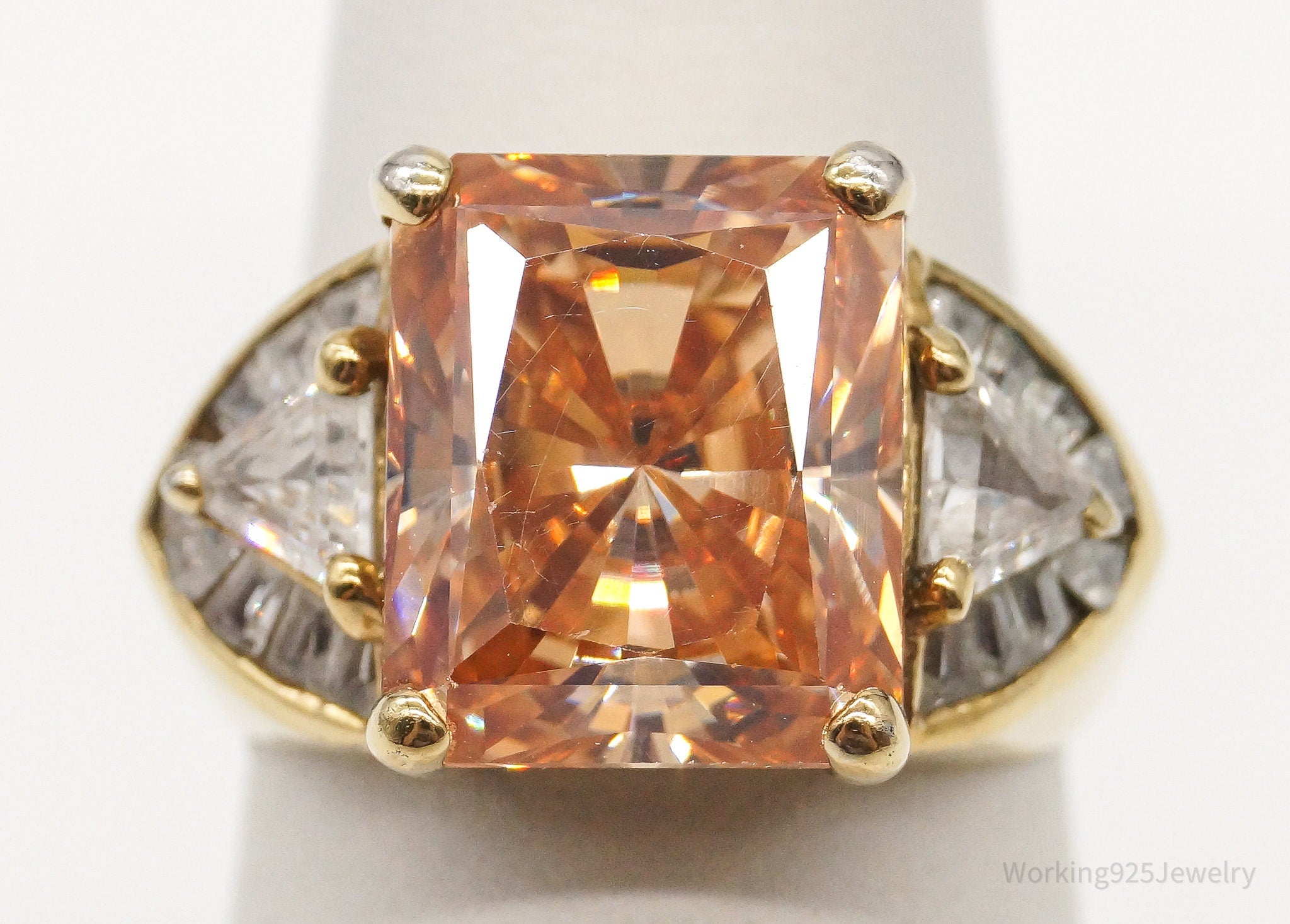 Vintage Orange & White Cubic Zirconia Gold Vermeil Sterling Silver Ring - SZ 6