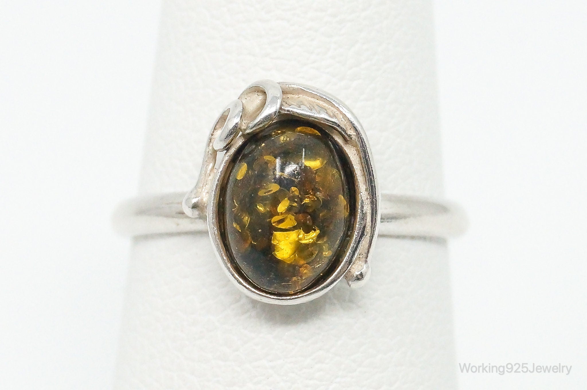 Vintage Yellow Amber Modern Sterling Silver Ring - Size 4.75