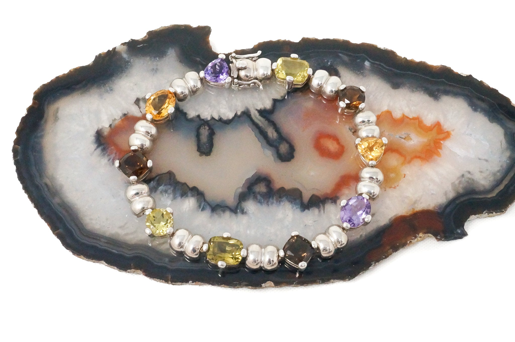 Vintage Multi Gem Amethyst Smoky Topaz Citrine Peridot Sterling Silver Bracelet