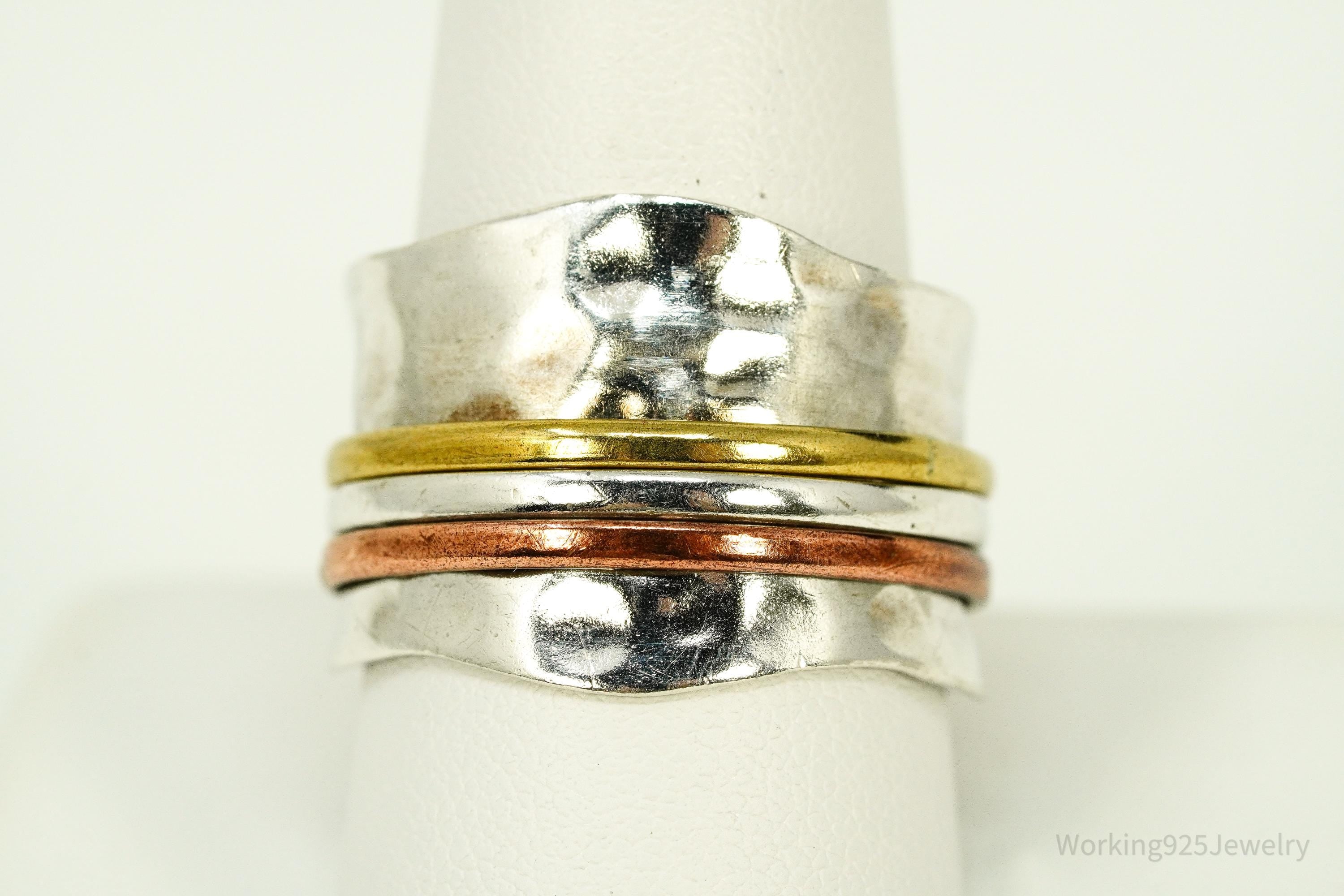 Vintage Brass Copper Sterling Silver Israel Spinner Band Ring- Size 10.5