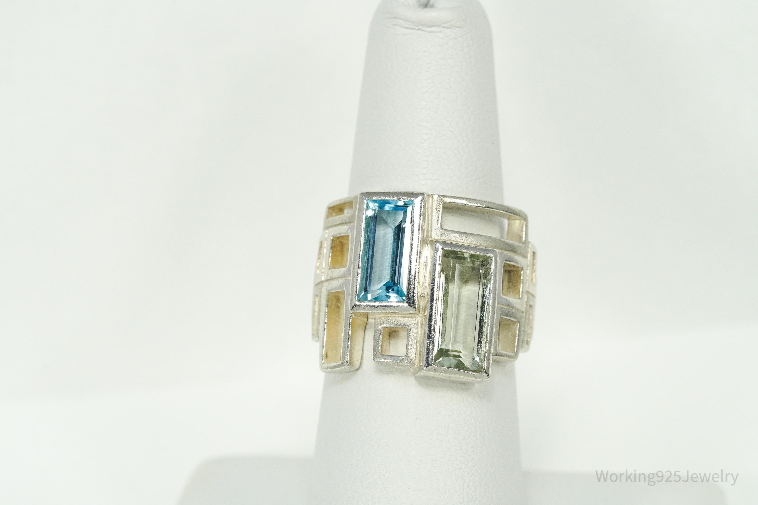 Vintage Green Amethyst & Blue Topaz Modernist Style Sterling Silver Irish Ring - Size 7.25