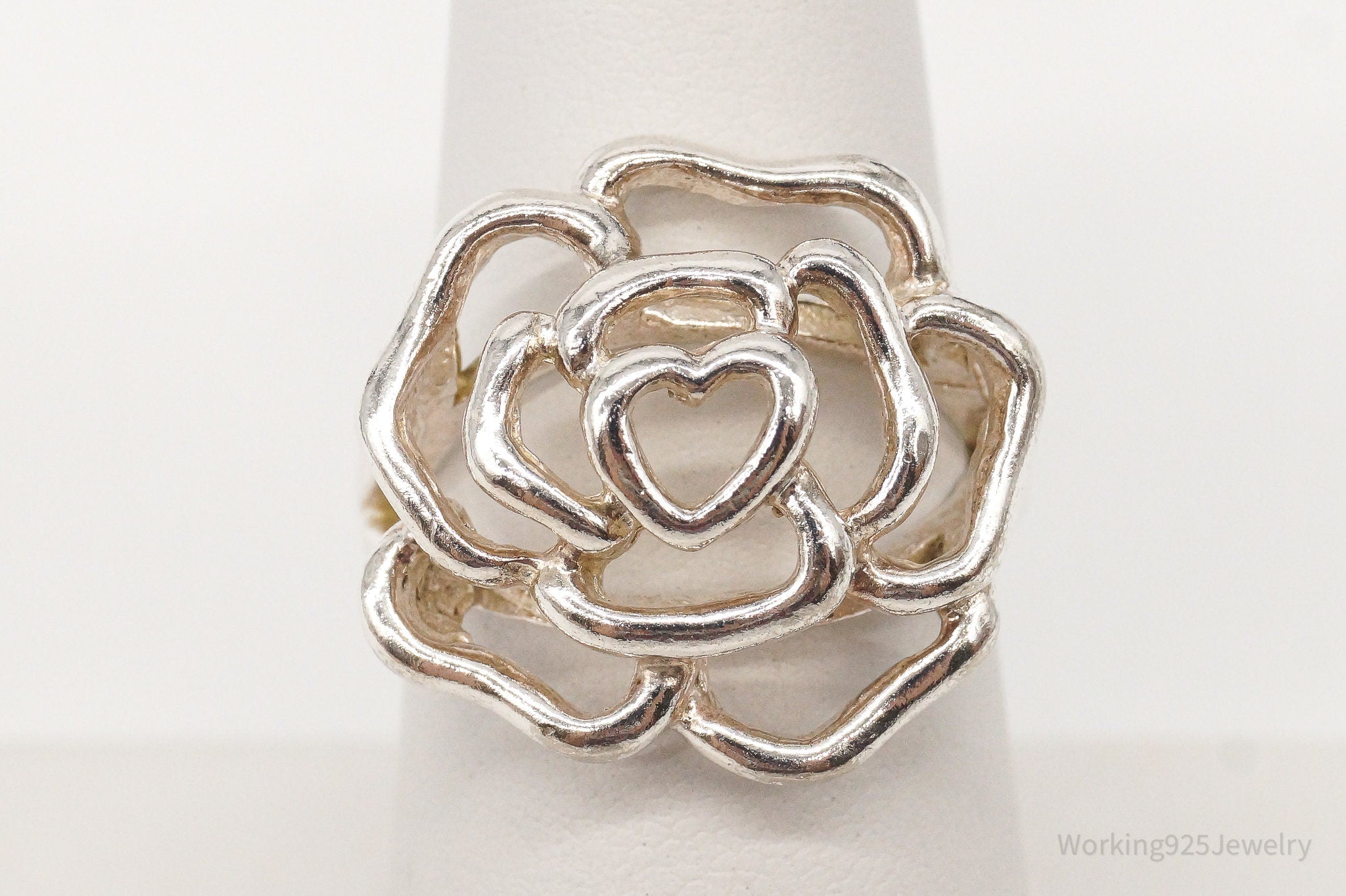 Vintage Rose Flower Cut Out Sterling Silver Ring - Size 7