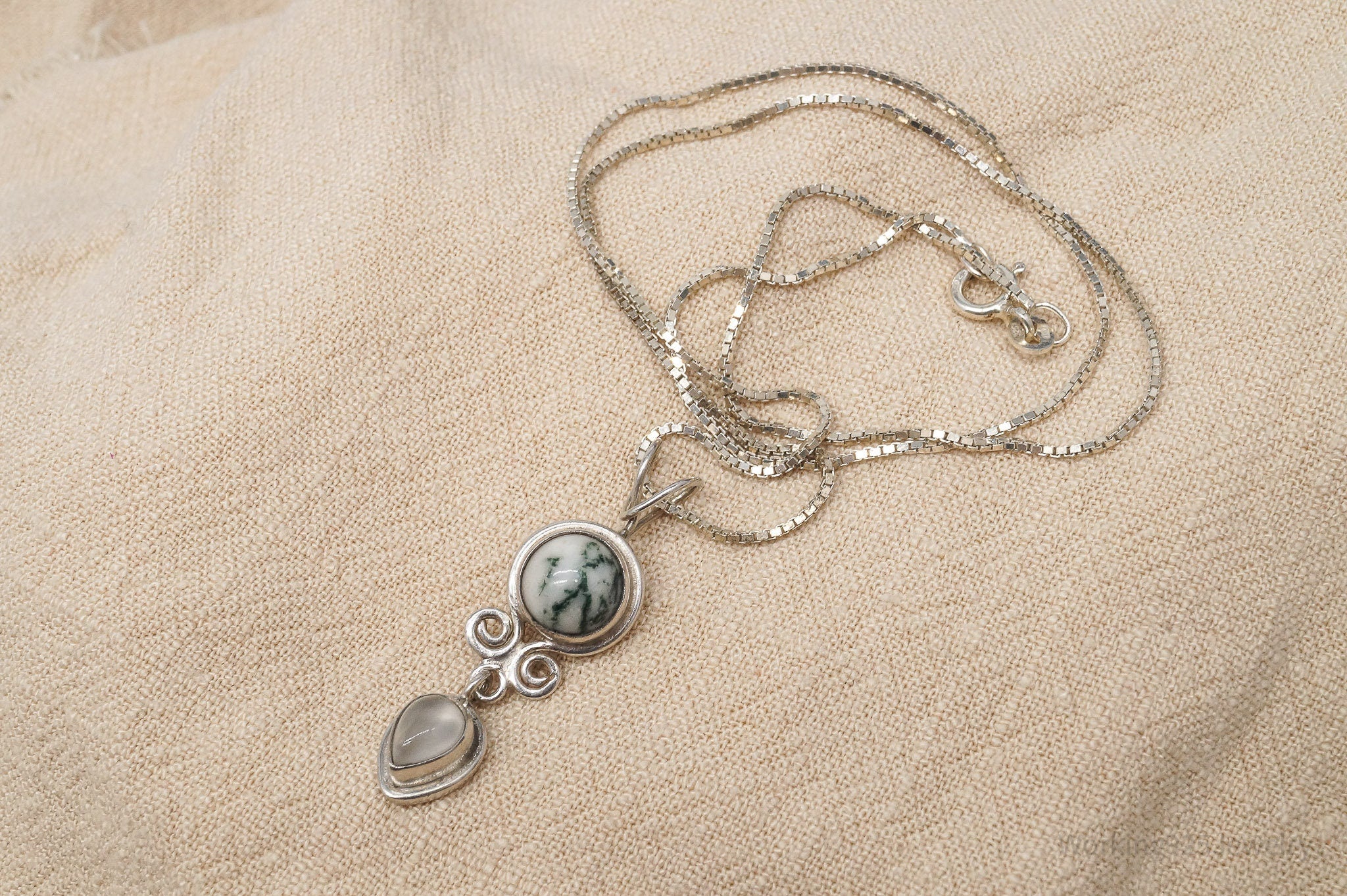 Vintage SAJEN Tree Agate & White Moonstone Sterling Silver Necklace 18"