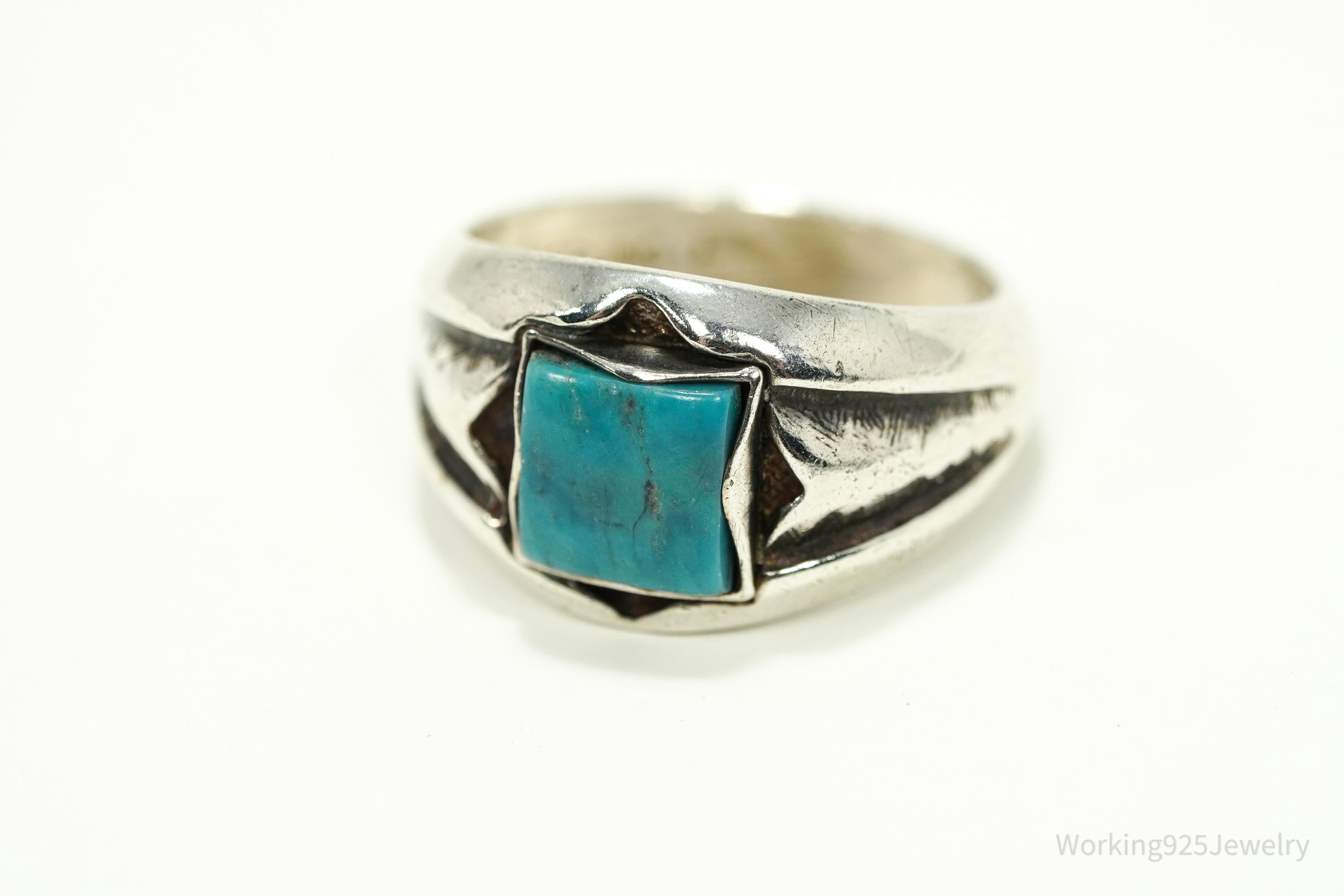 Vintage Native American Signed JP Turquoise Sterling Silver Ring - Size 6.25