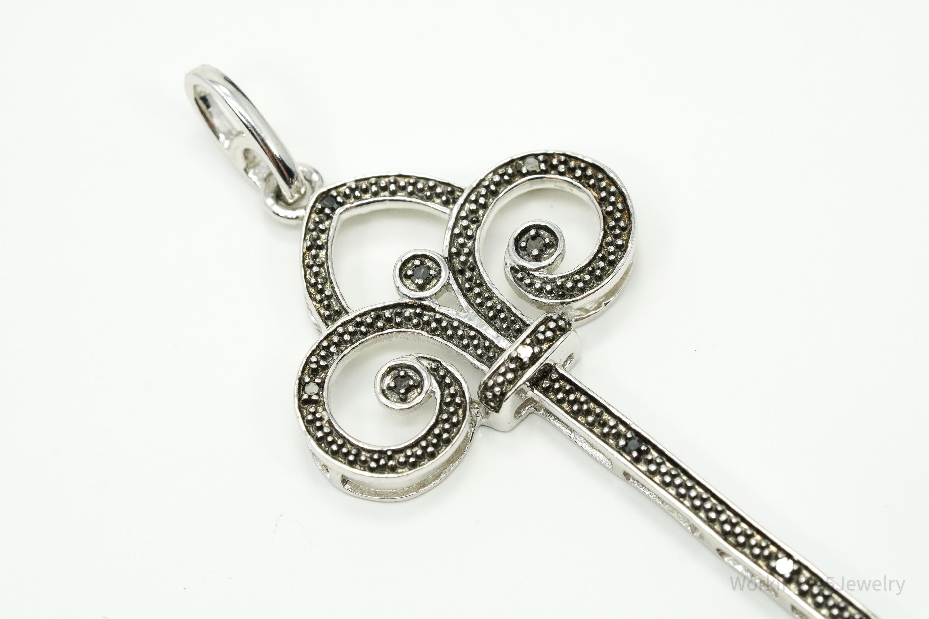Large Designer JWBR Black Diamond Skelton Key Sterling Silver Necklace Pendant