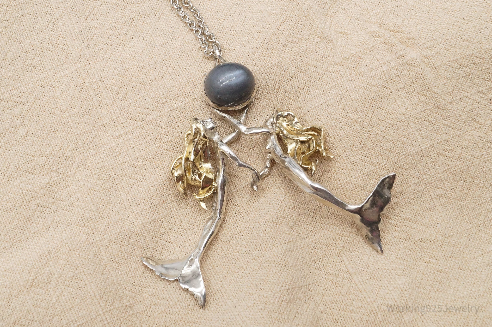 Vintage Gray Moonstone 24K Gold Sterling Silver Mermaids Necklace 34"