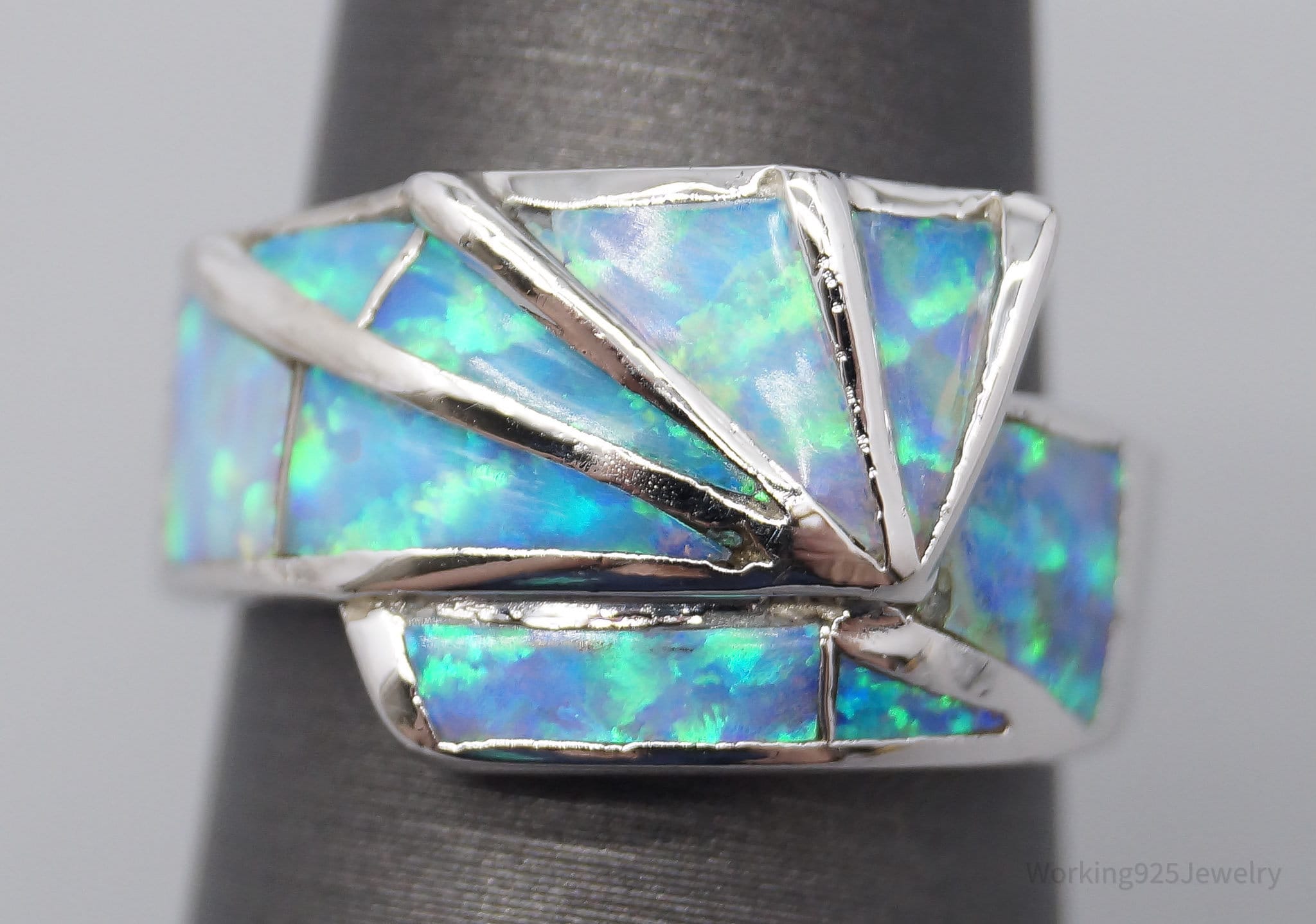 Vintage Blue Opal Inlay Sterling Silver Ring - Size 5.75