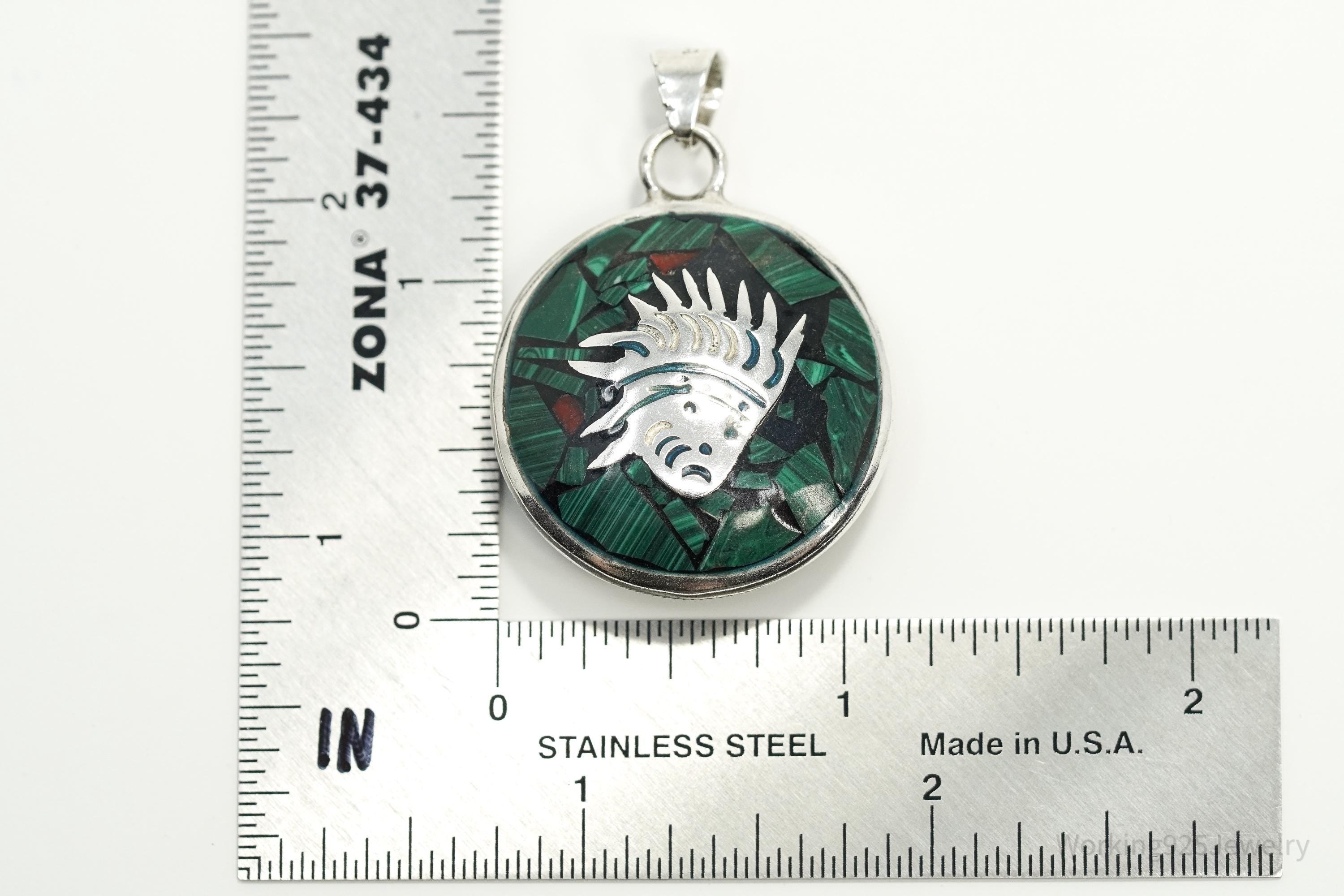 Vintage Double Sided Aztec Mayan Multi Gem Inlay Sterling Silver Pendant 1 11/16"