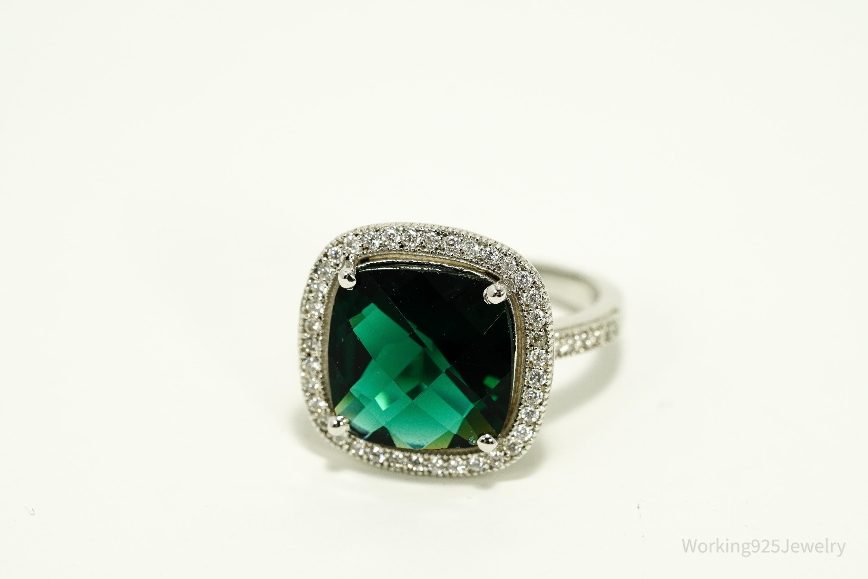 Vintage Faux Emerald & Cubic Zirconia Sterling Silver Ring - Size 7