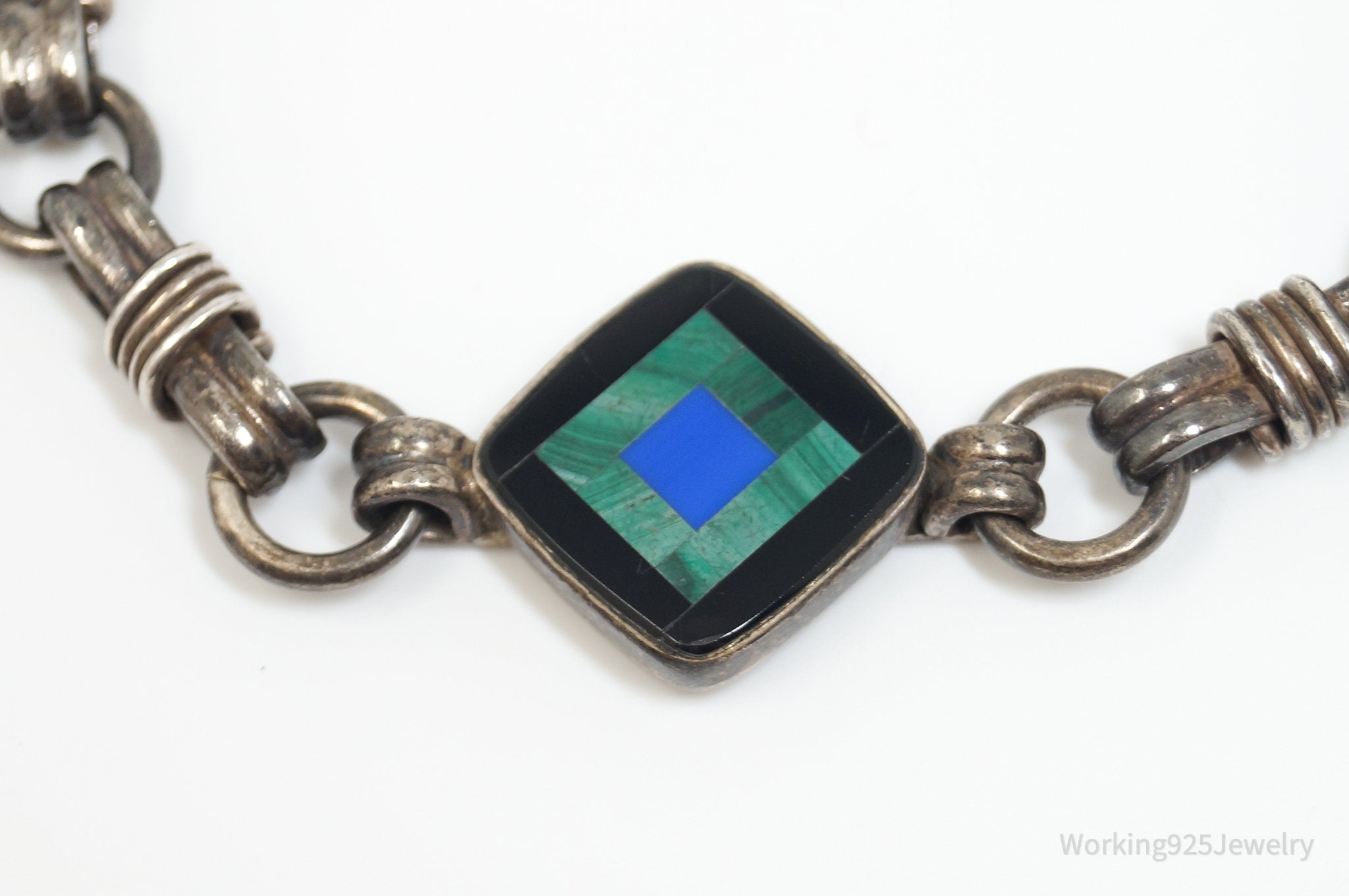 Vintage Modernist Black Onyx Malachite Lapis Sterling Silver Bracelet