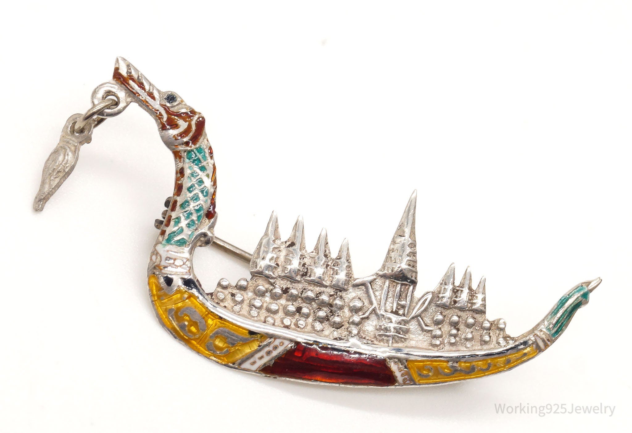 Vintage Siam Suphanahongse Viking Ship Enamel Sterling Silver Brooch