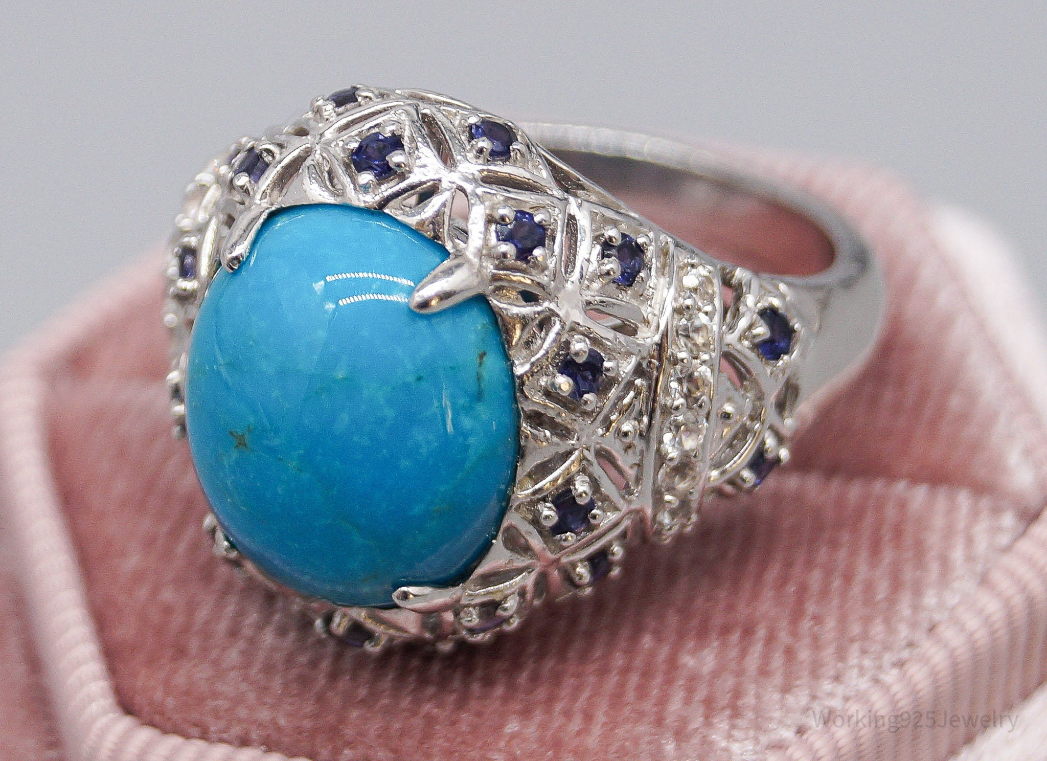 Vintage Turquoise Iolite Cubic Zirconia Sterling Silver Ring - Size 10