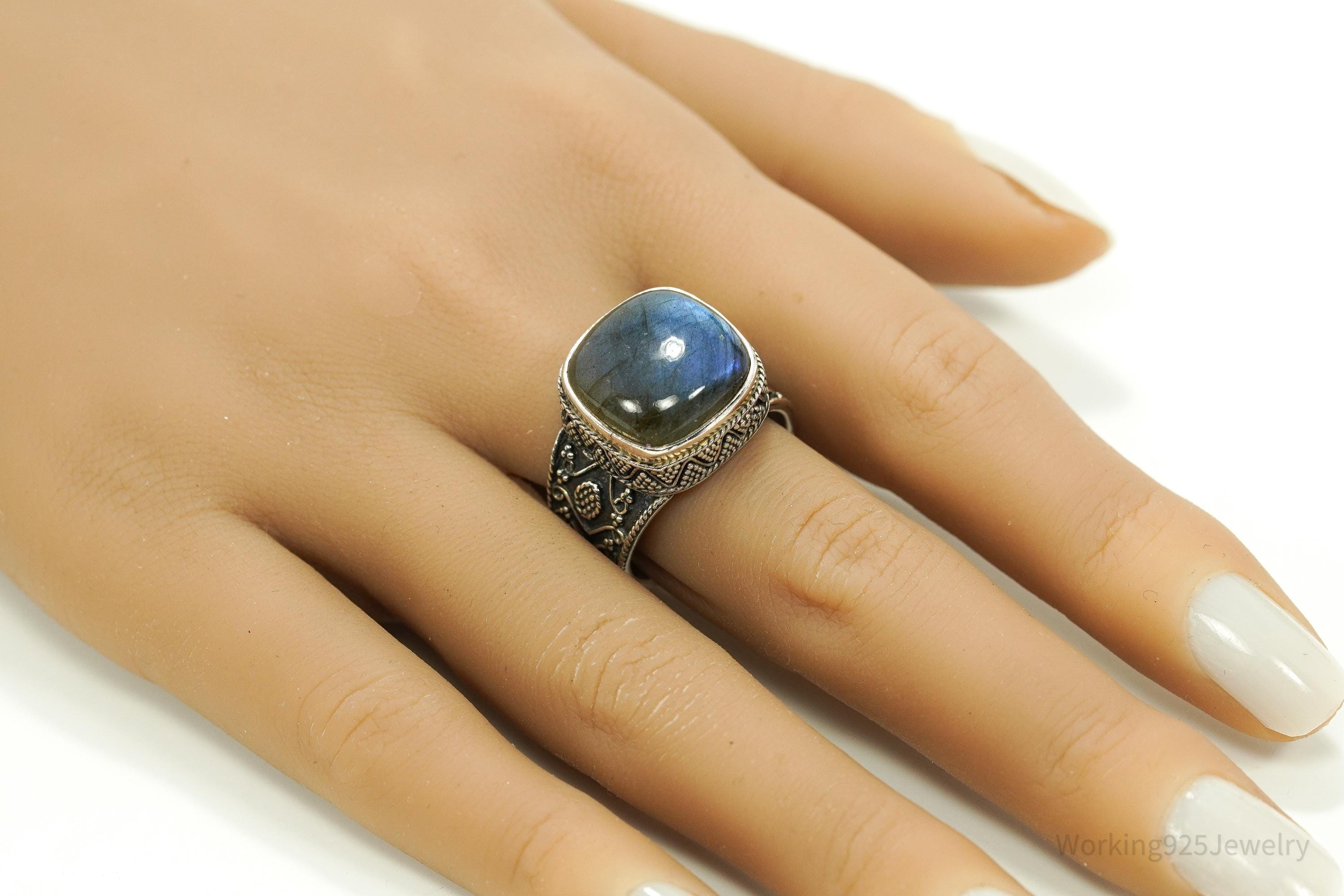 Vintage Large Labradorite Ornate Sterling Silver Ring - SZ 10.25