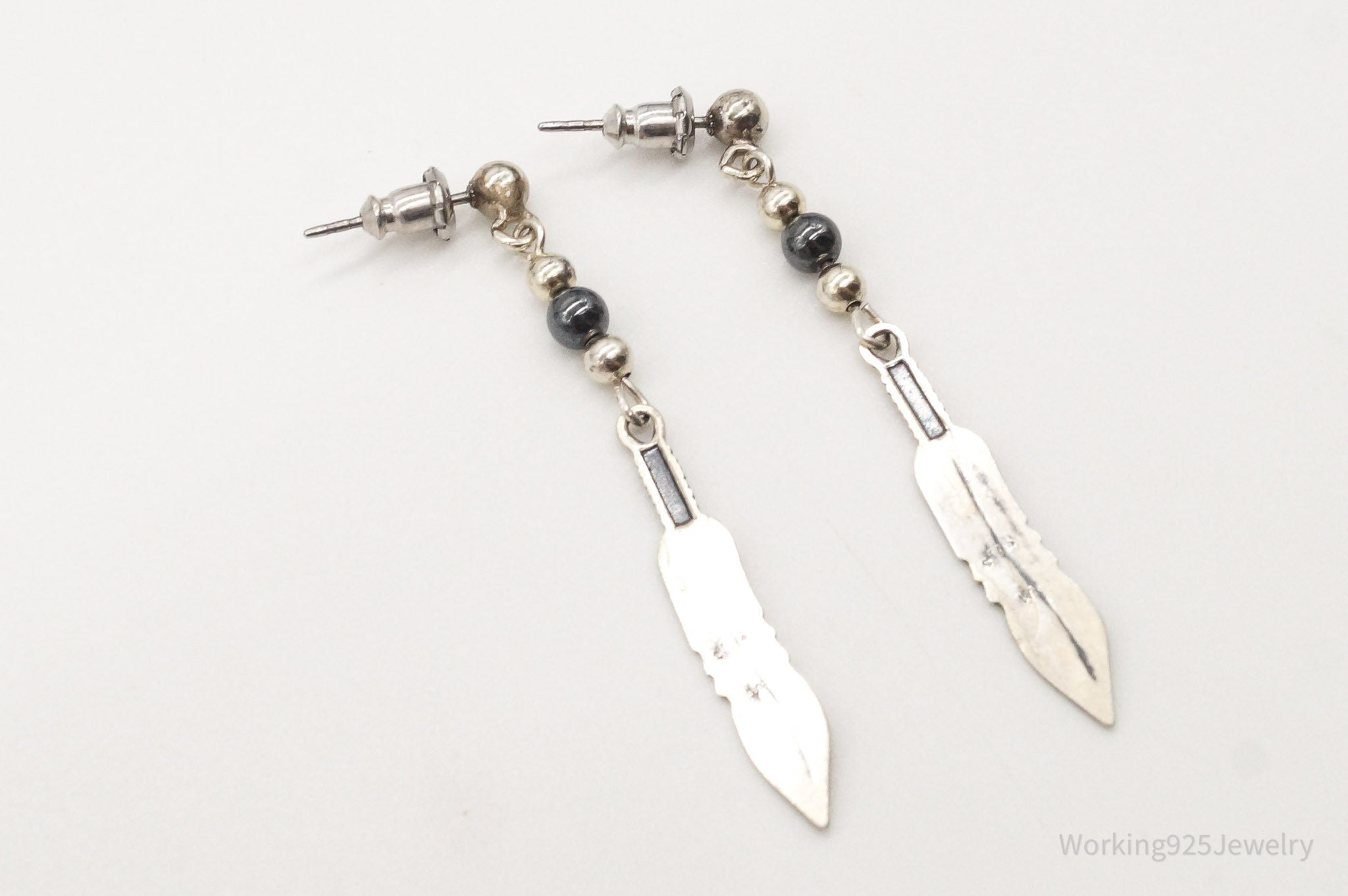 Vintage WM Co Hematite Feather Sterling Silver Earrings