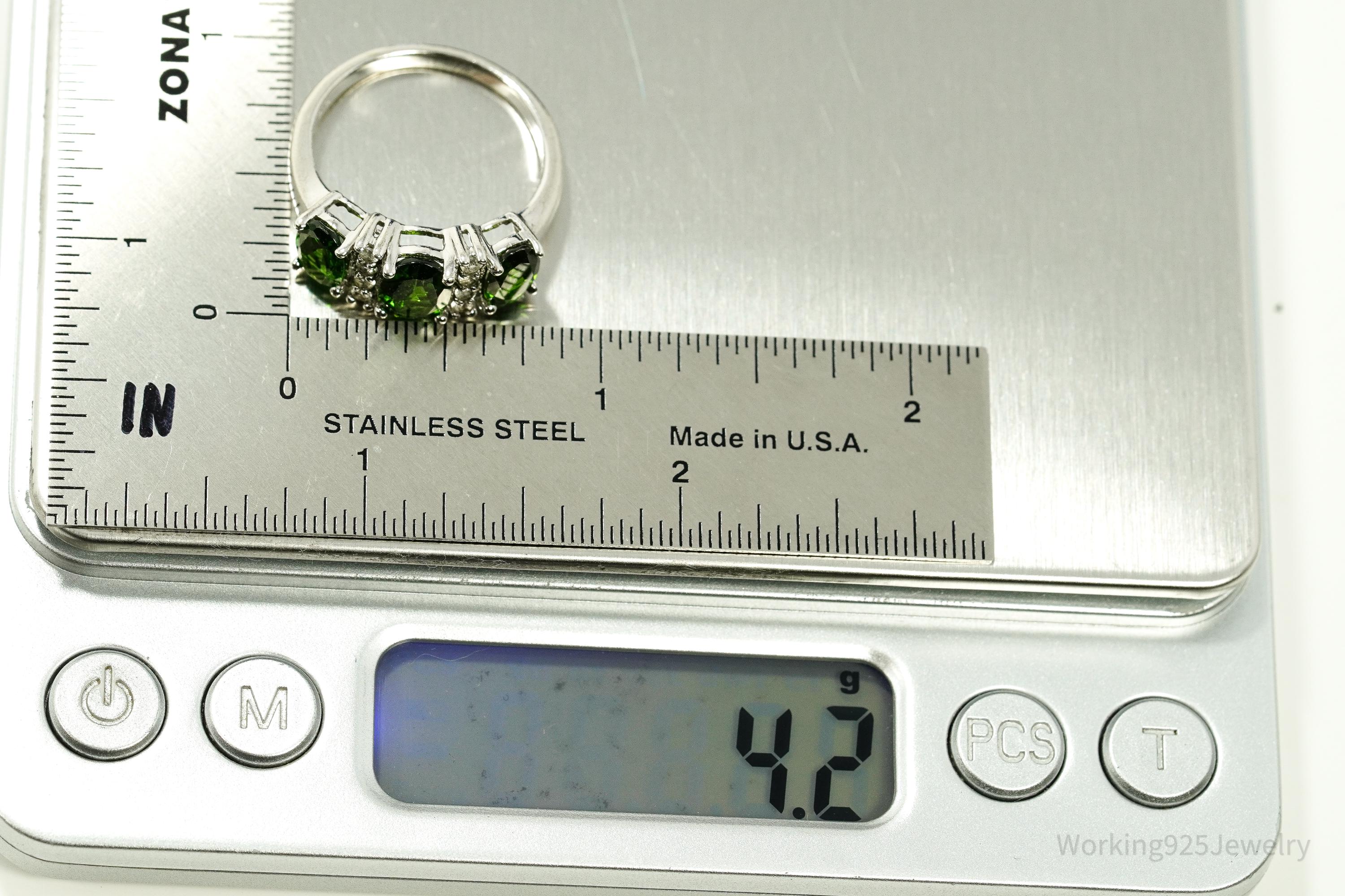 Green Chrome Diopside & White Topaz Sterling Silver Ring - Size 8.75