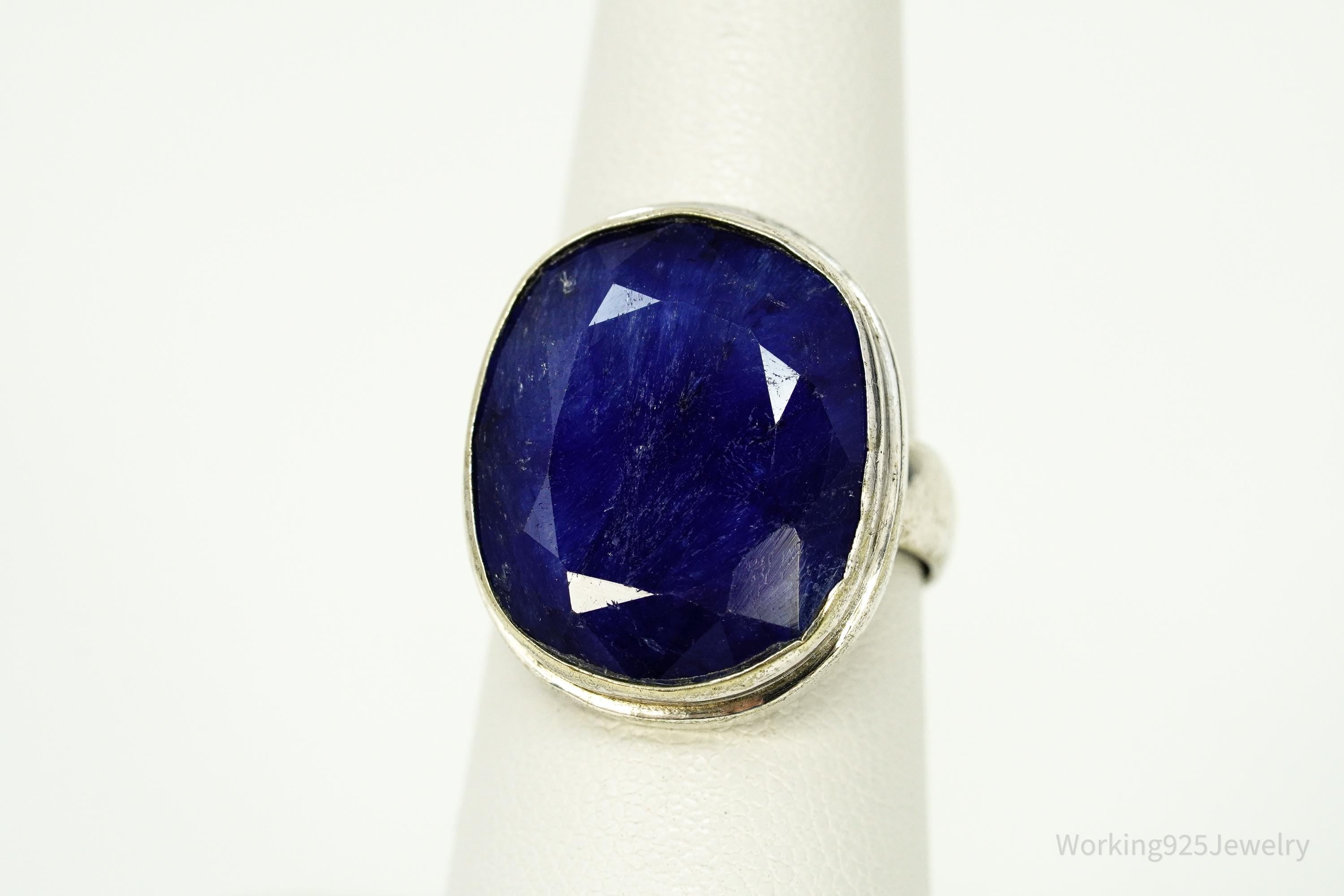 Vintage Large Natural Blue Sapphire Sterling Silver Ring - Size 7.25