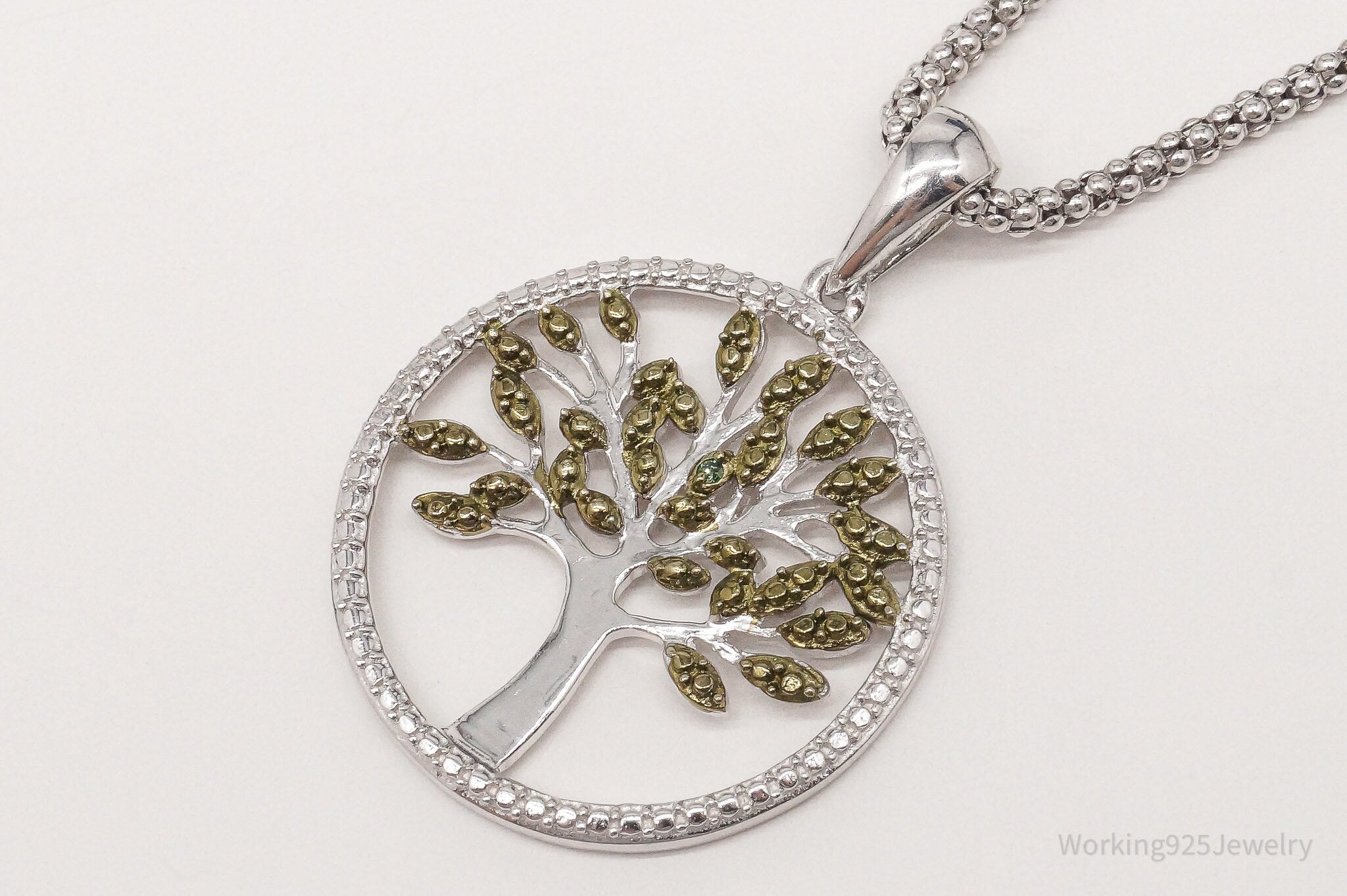 Vintage Tree Of Life Green Diamond Green Vermeil Sterling Silver Necklace 18"