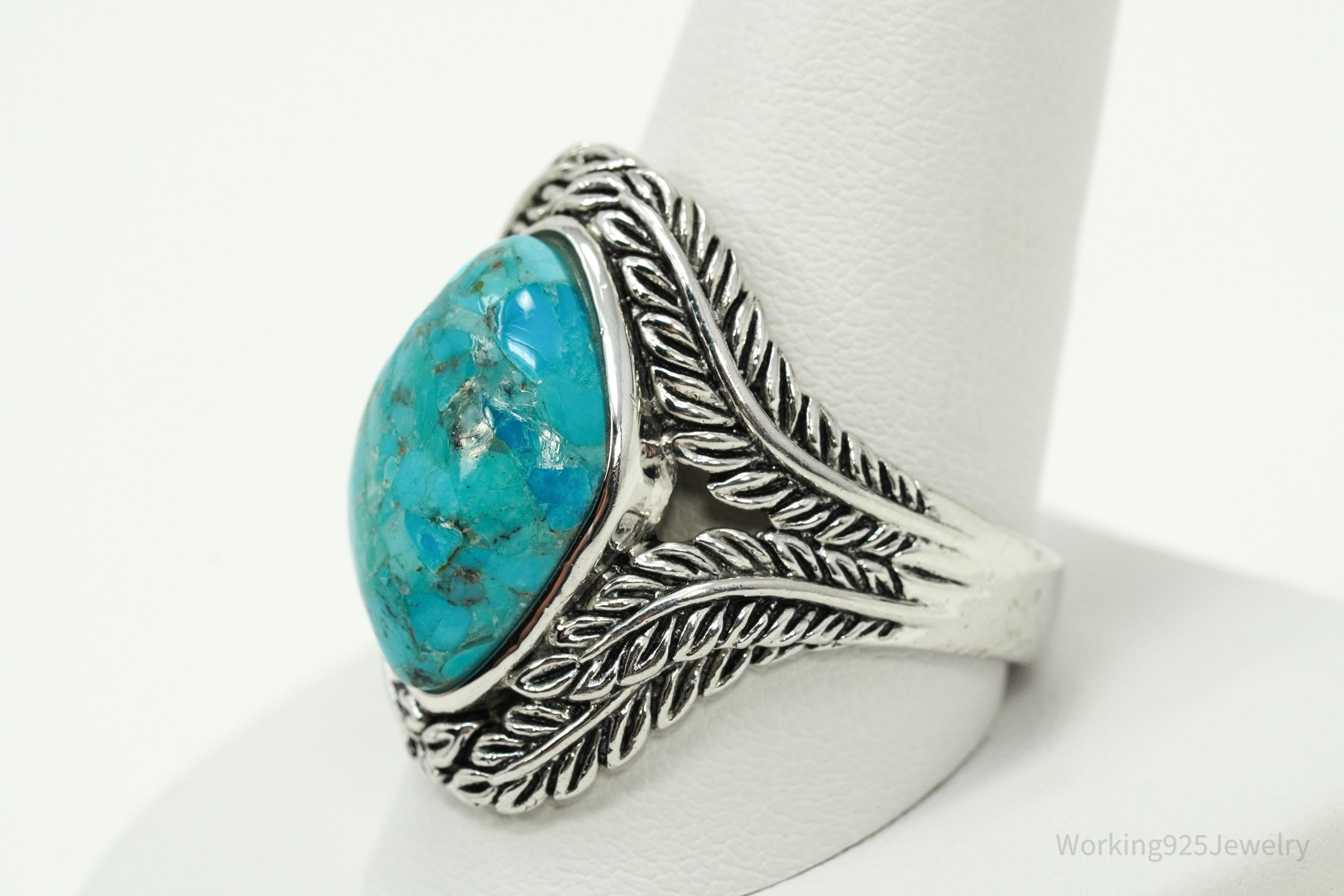 Designer BBJ Turquoise Wrapped Feathers Leaves Design Sterling Silver Ring - Size 12