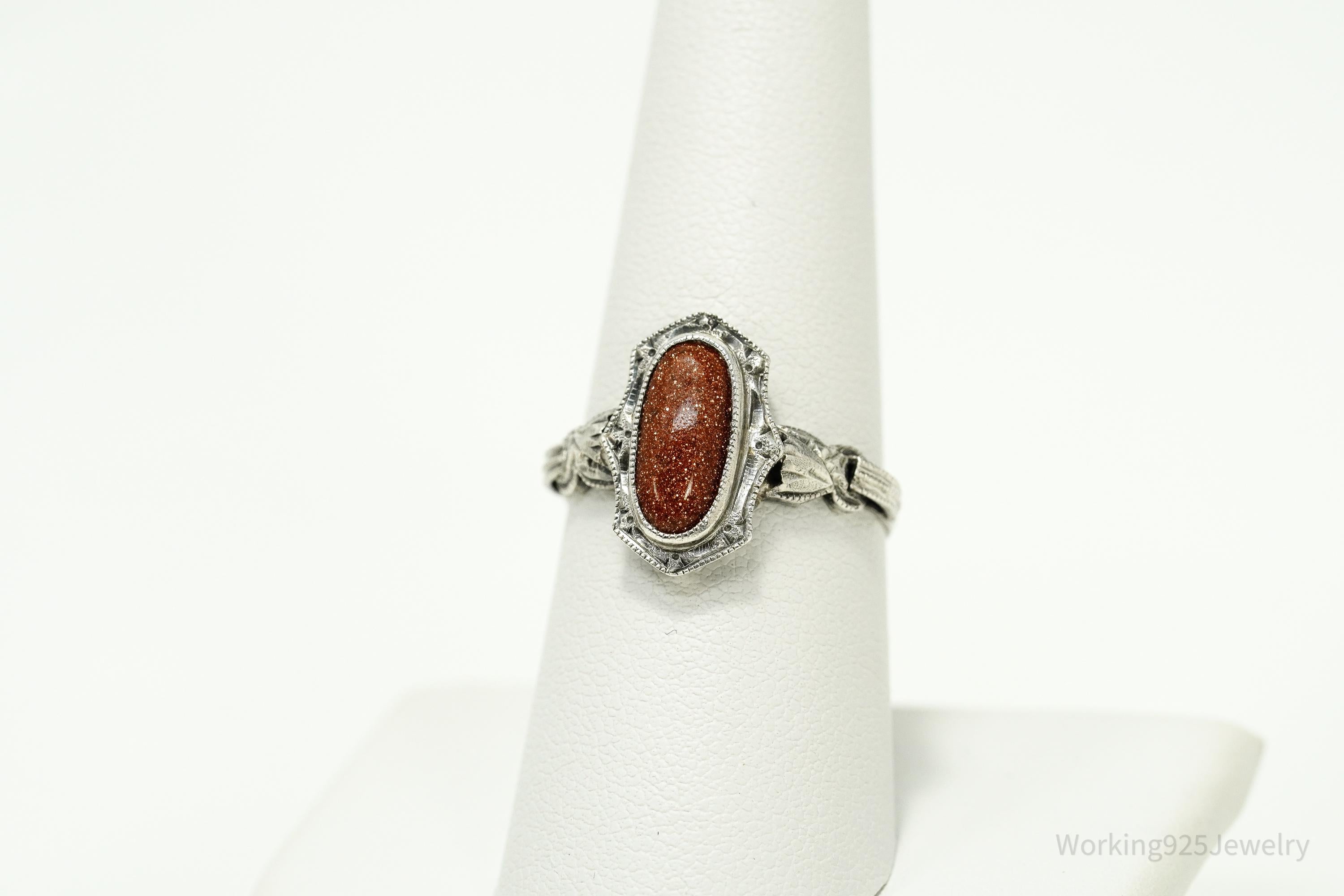 Antique Goldstone Ornate Silver Ring Size 8