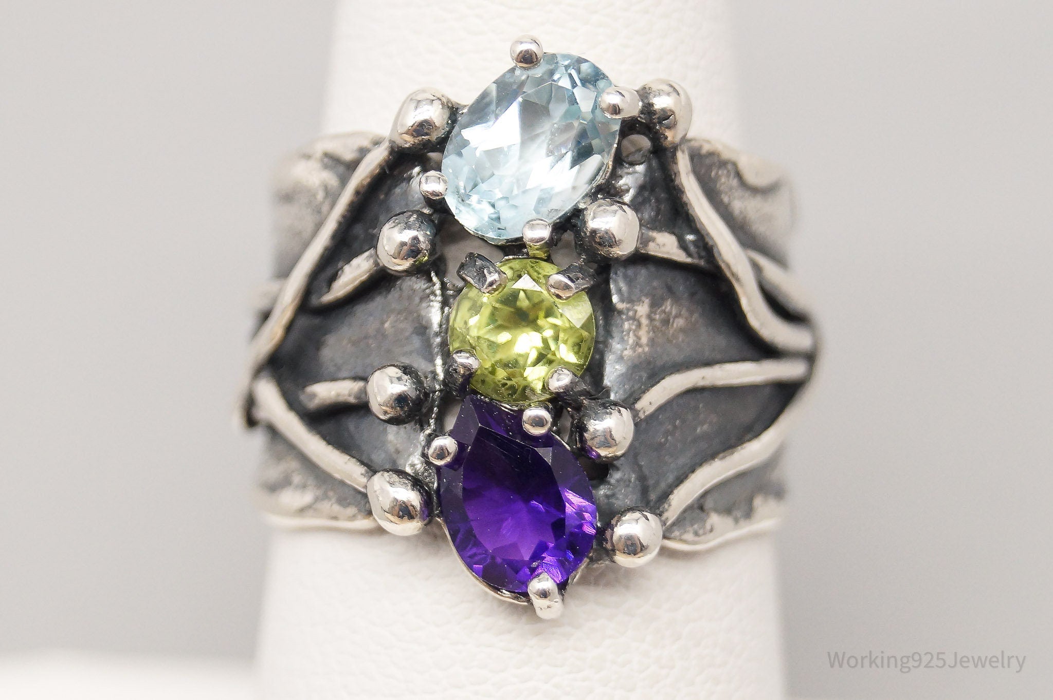 Vintage Paz PZ Amethyst Peridot Blue Topaz Sterling Silver Ring - Size 7.25