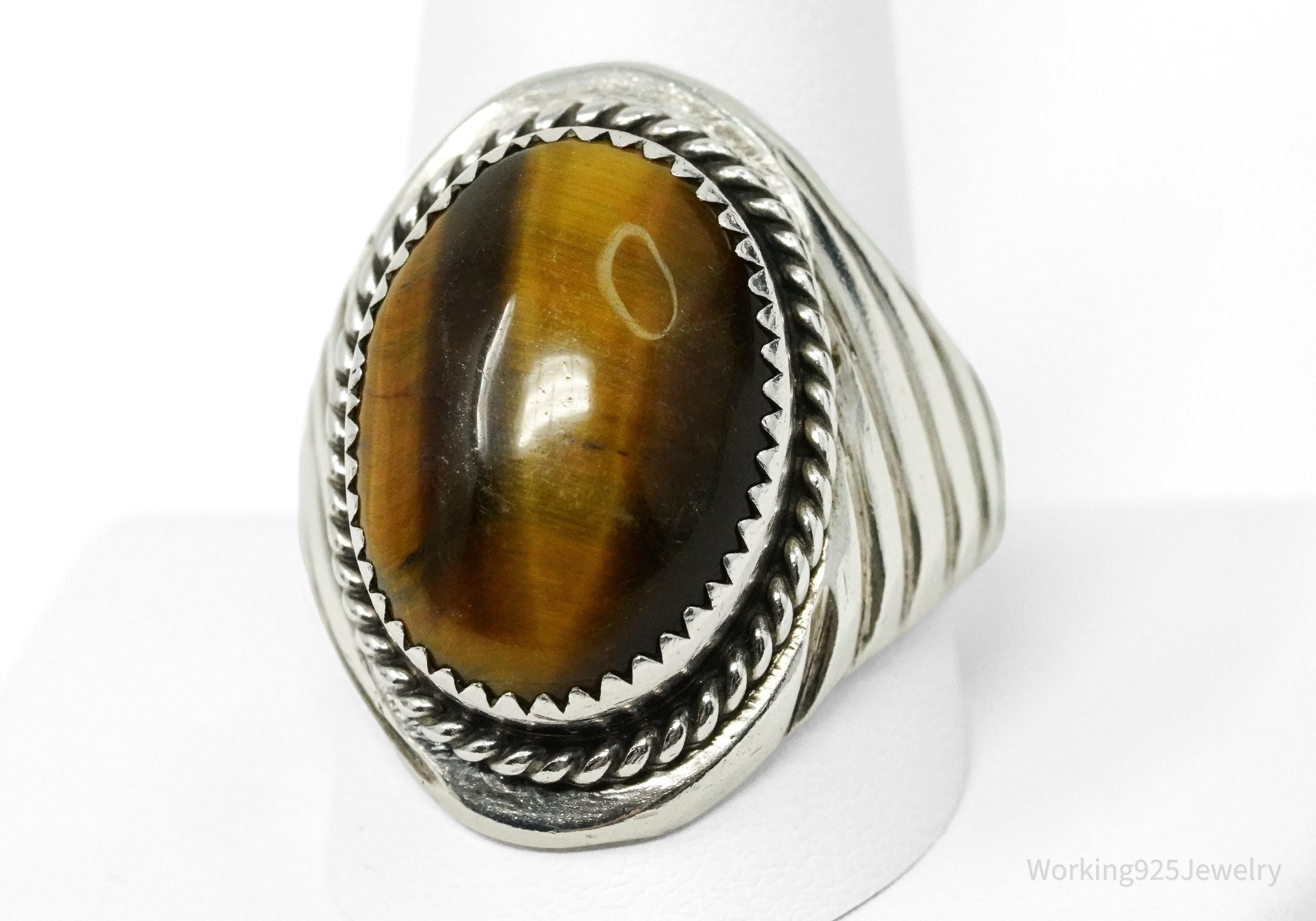 Vintage Native American Tiger's Eye Unsigned Silver Ring Size 12.25